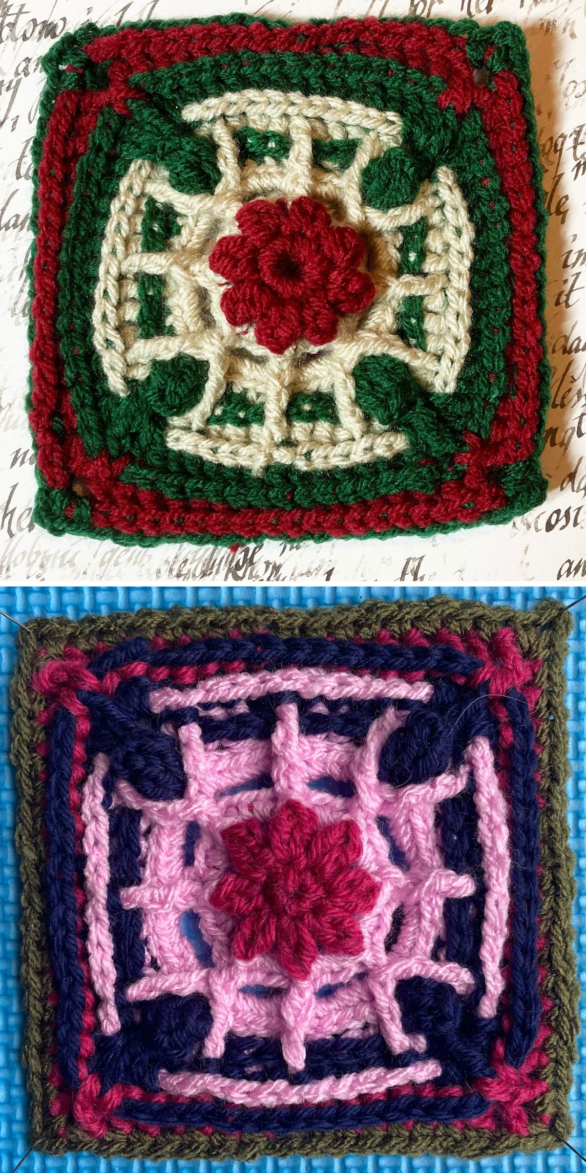 a crochet granny square with a textured 3d flower at the center and geometric lines