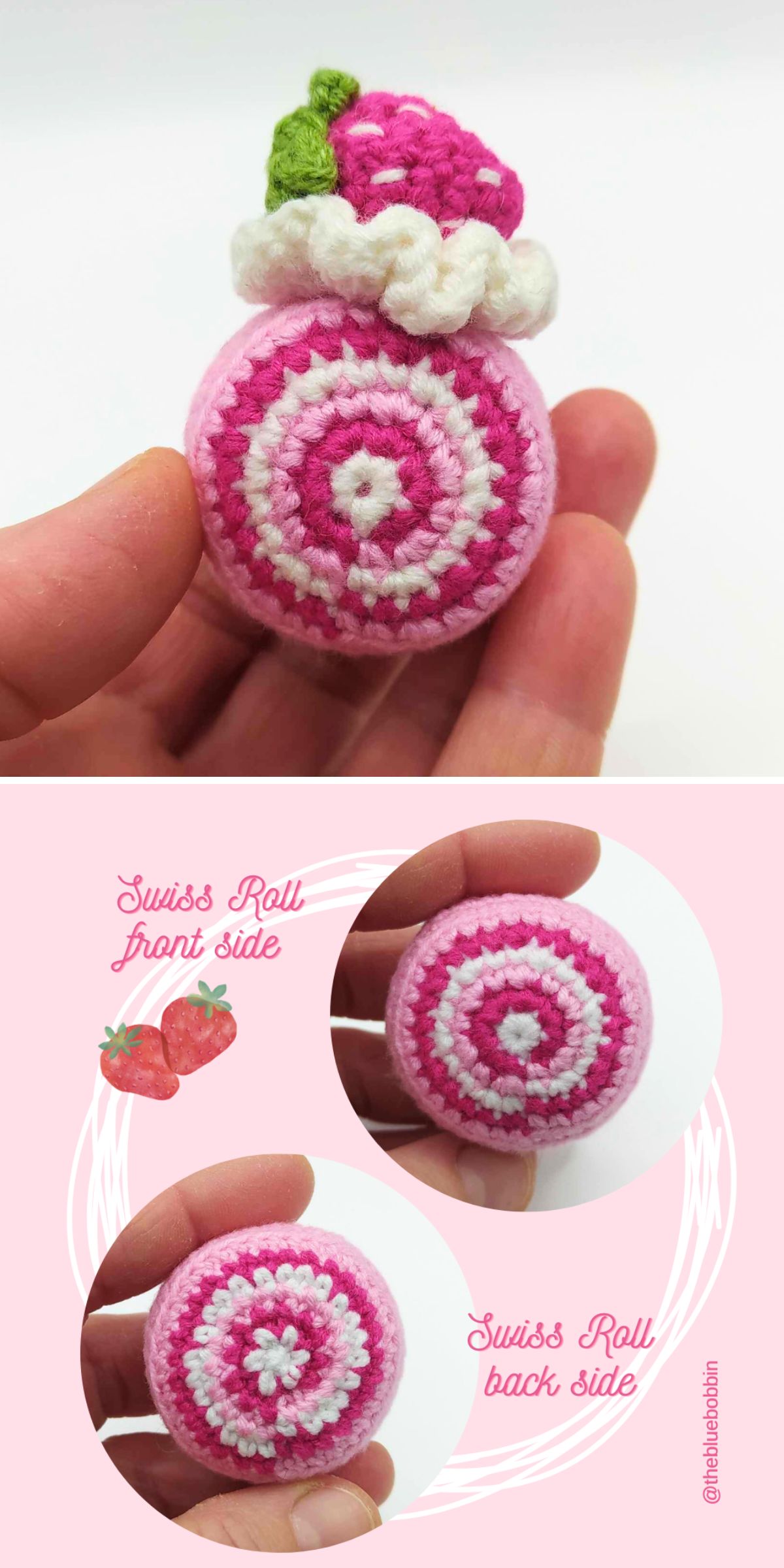 a crochet swiss roll amigurumi