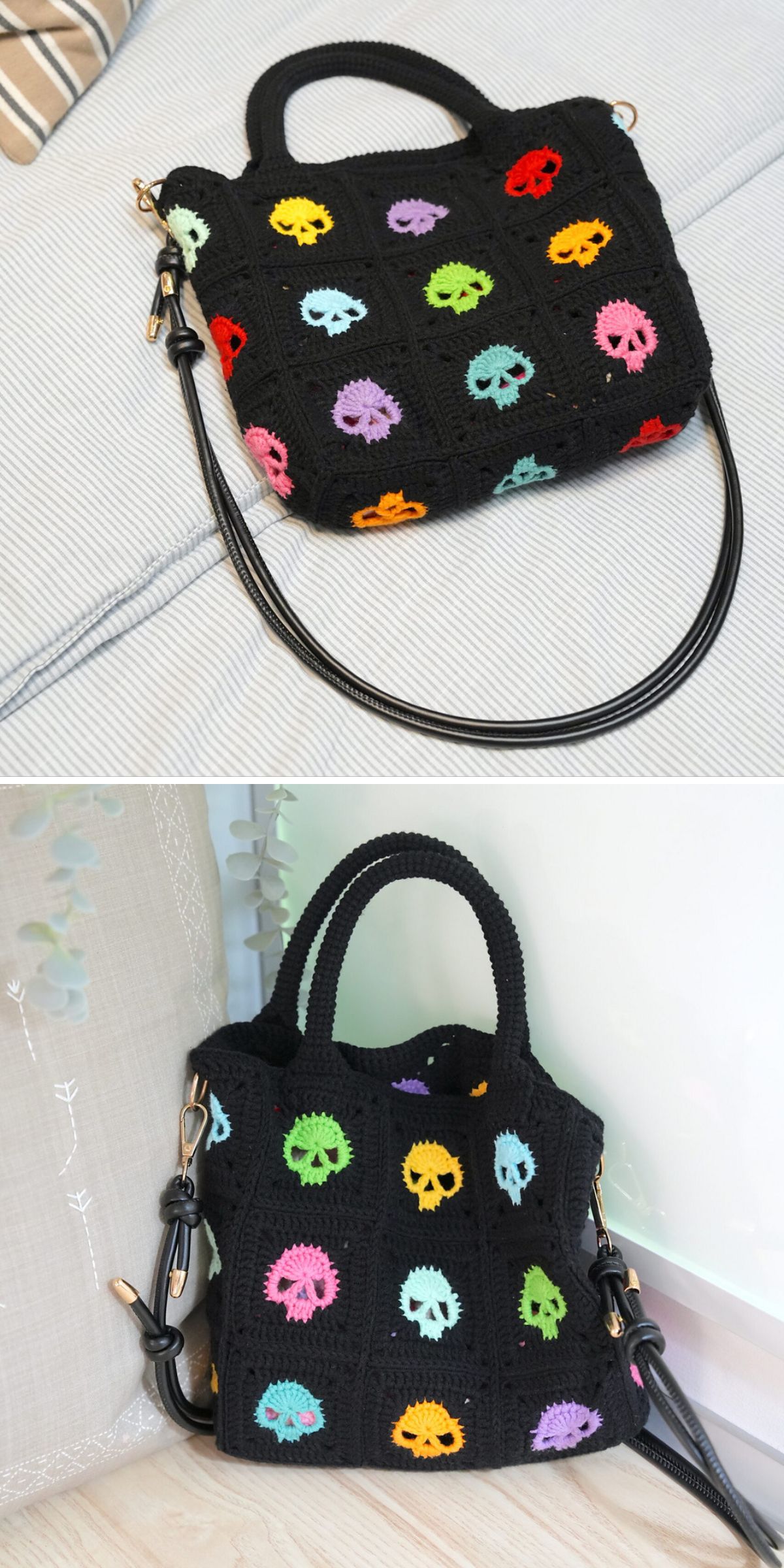 a crochet bag made of black granny squares with colorful skull motifs