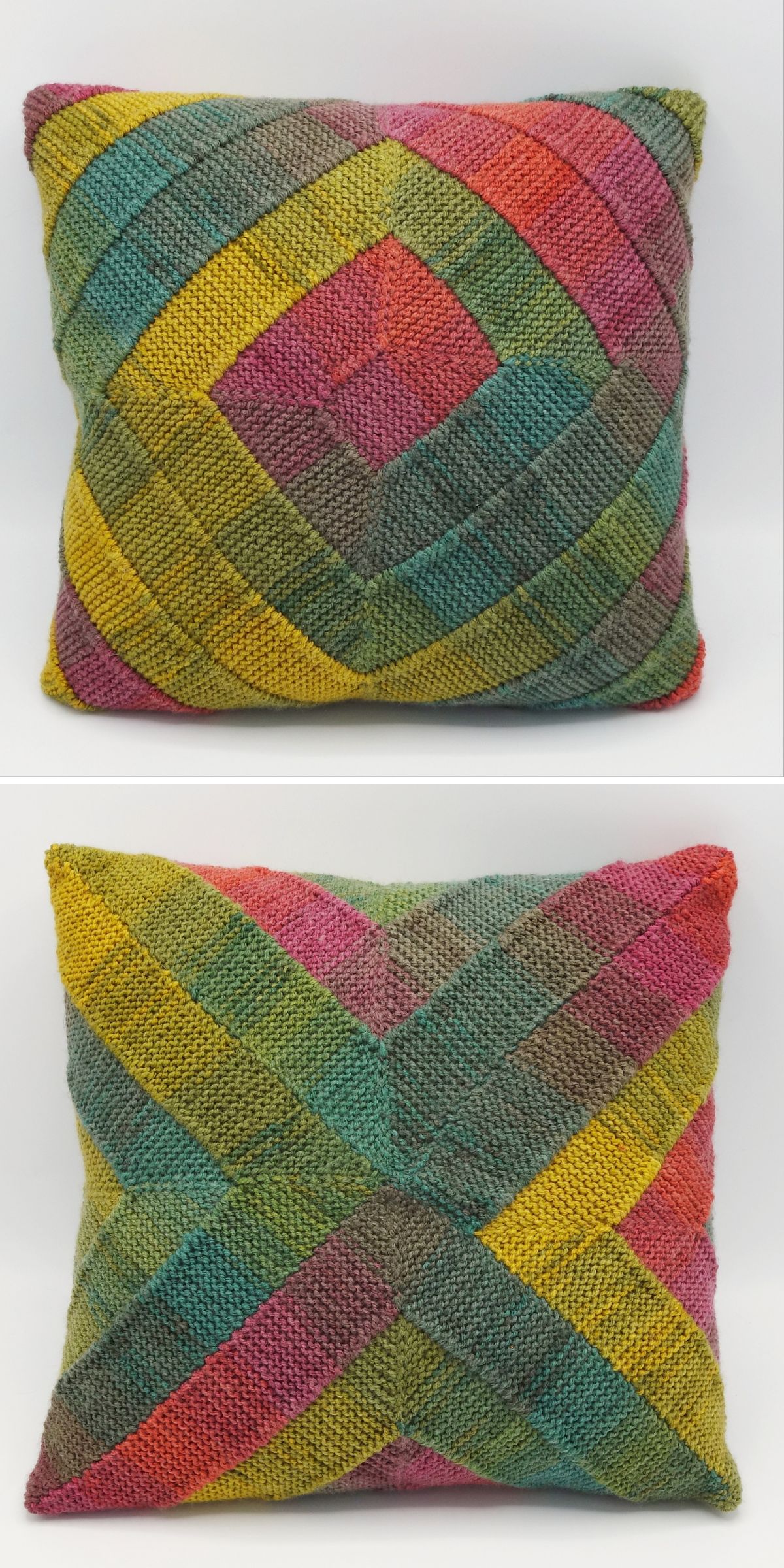 a knitted pillow with a rectangular swirl design