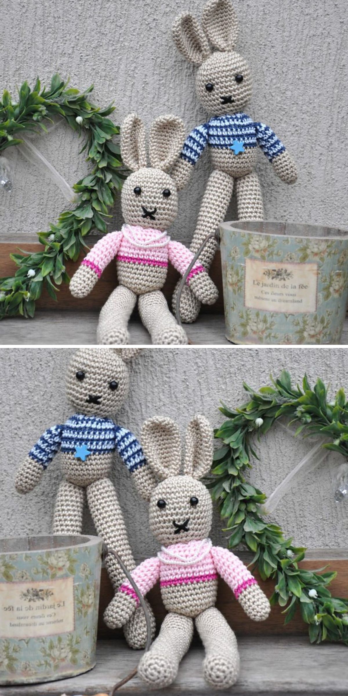 two crochet bunny toys with blue and pink accents