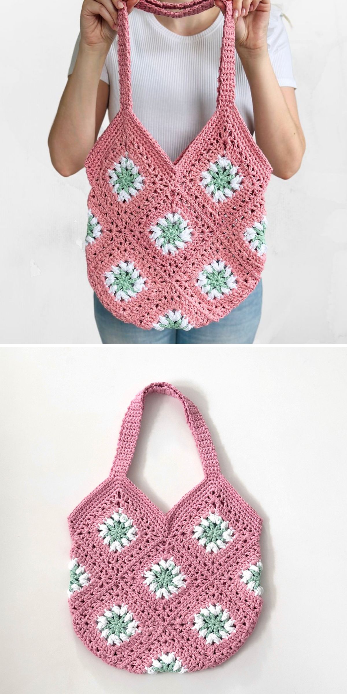 a crochet bag made of pink flower granny squares with green-white centers
