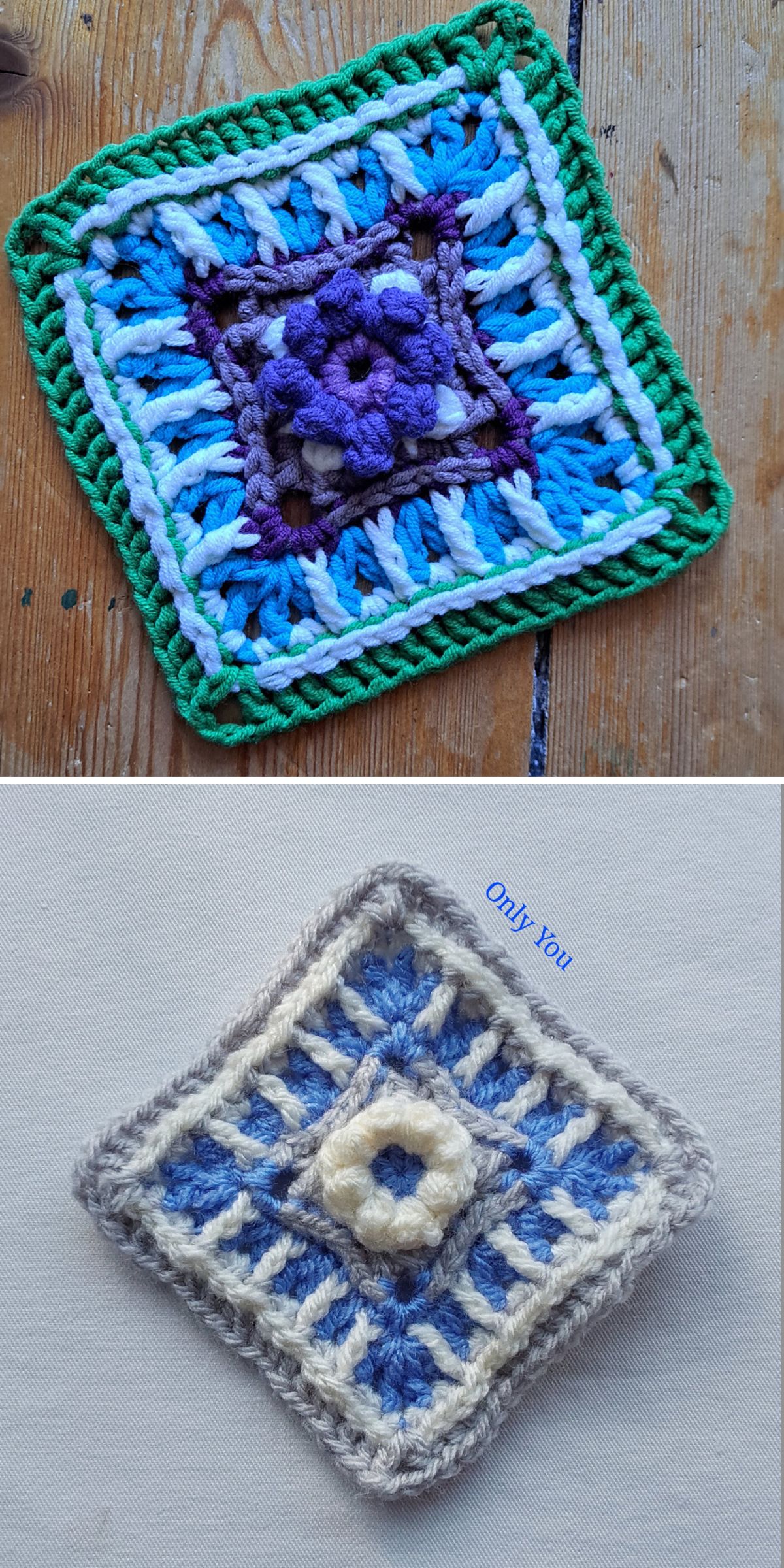 a textured granny square with a small flower center motif