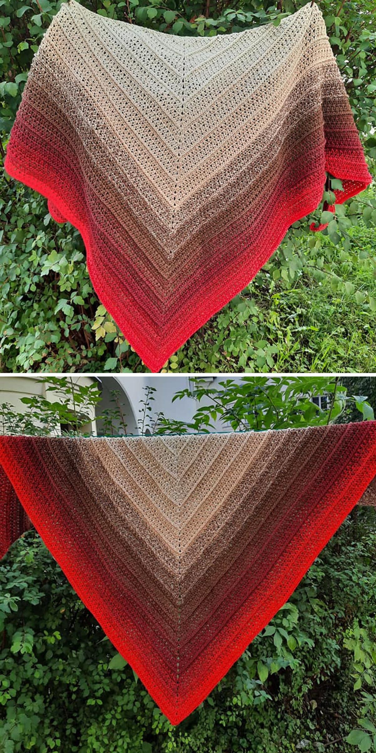 a crochet triangular shawl with an ombre colorway