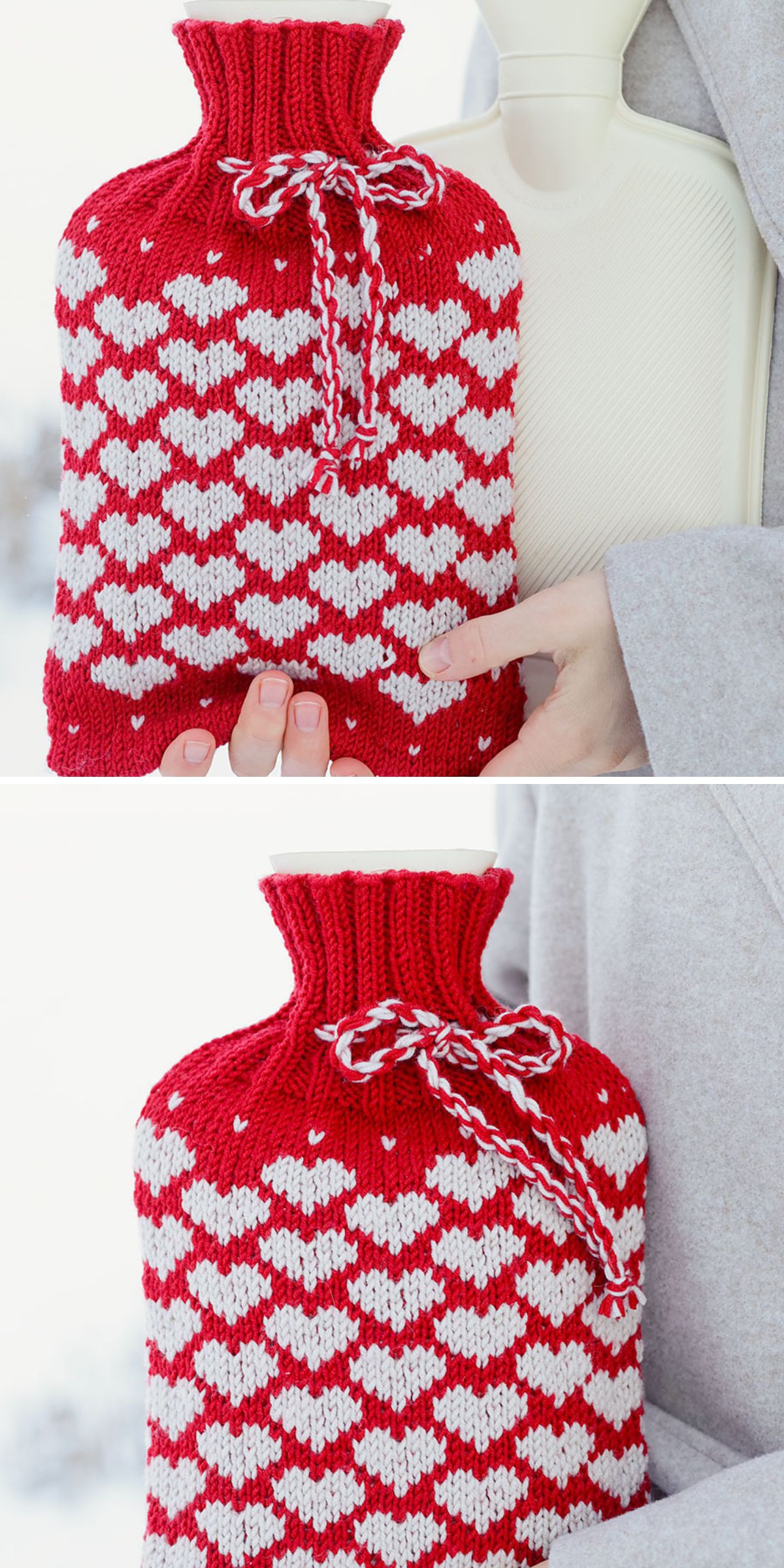 A person holds a white rubber hot water bottle covered with a red knitted cozy featuring a white heart pattern — a charming example of Water Bottle Cover Knitting Patterns—finished with a red-and-white braided tie.