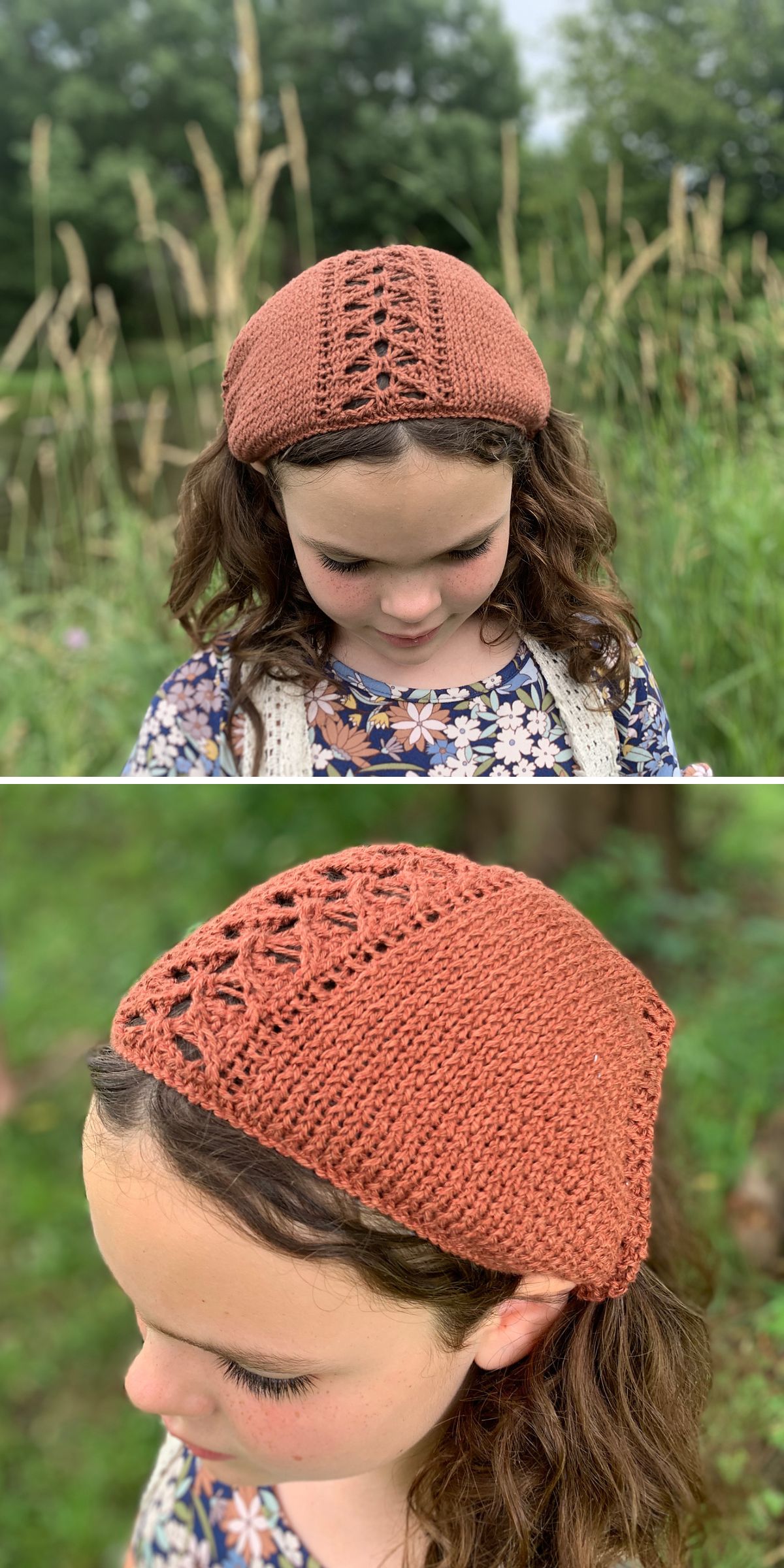 A young girl with brown hair wears a rust-colored, crocheted headscarf with a lacy pattern, reminiscent of vintage knitted baby bonnets, photographed outside among tall grass and greenery.