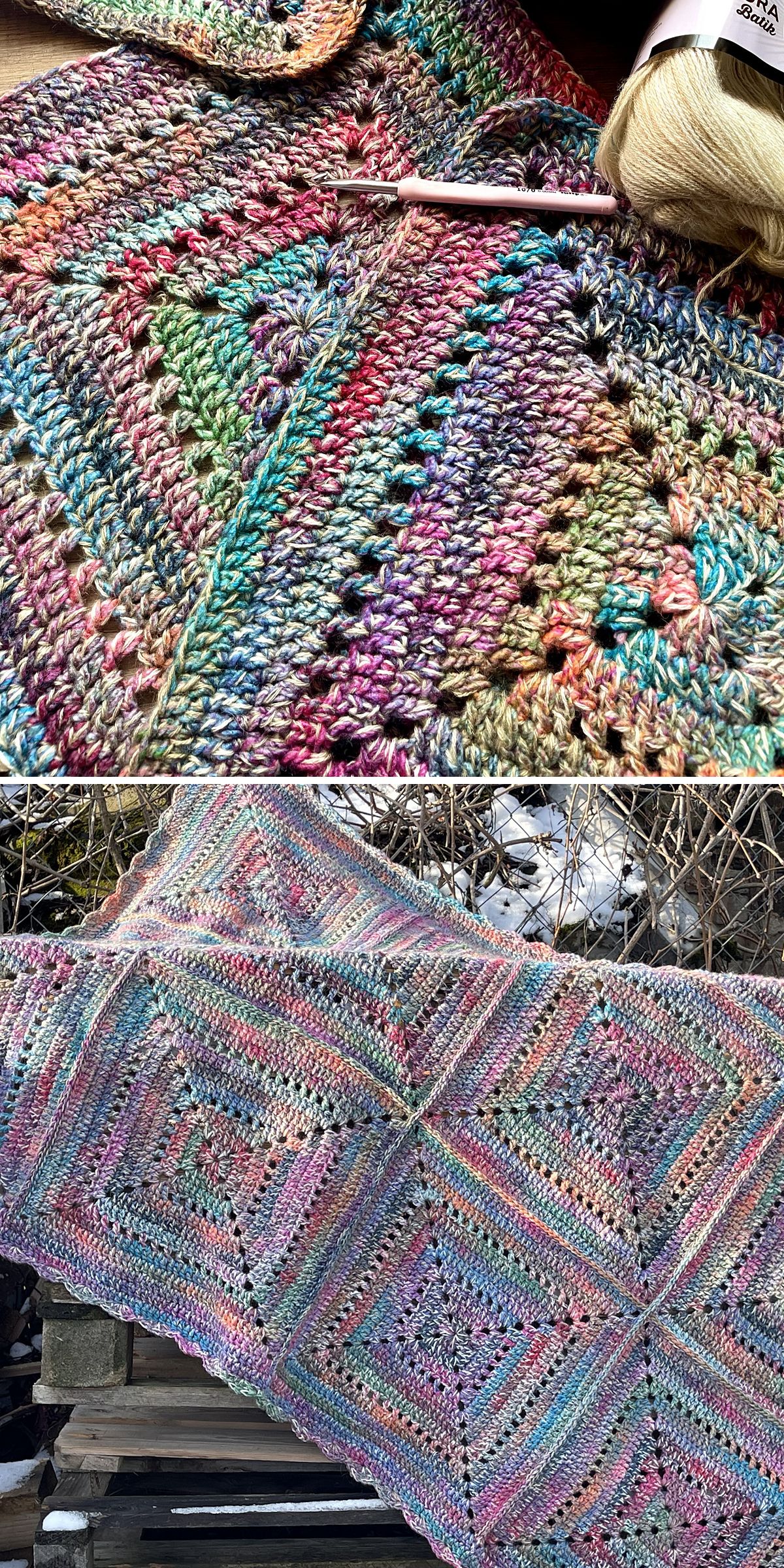 multicored crochet squares with open eyelet inserts turned into a blanket