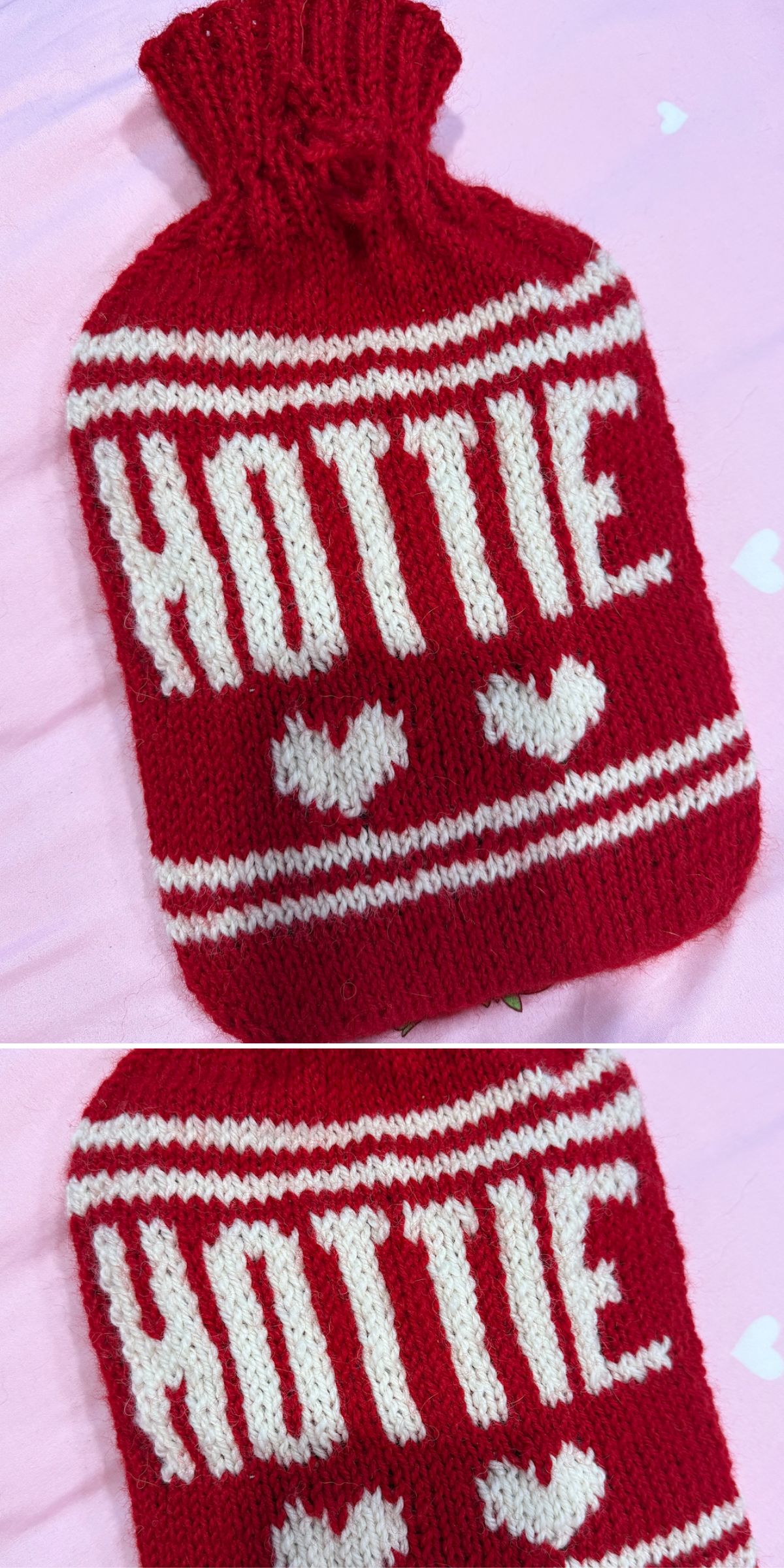 A red knitted hot water bottle cover with the word "HOTTIE" and two white hearts, placed on a pink surface — a charming example of Water Bottle Cover Knitting Patterns.