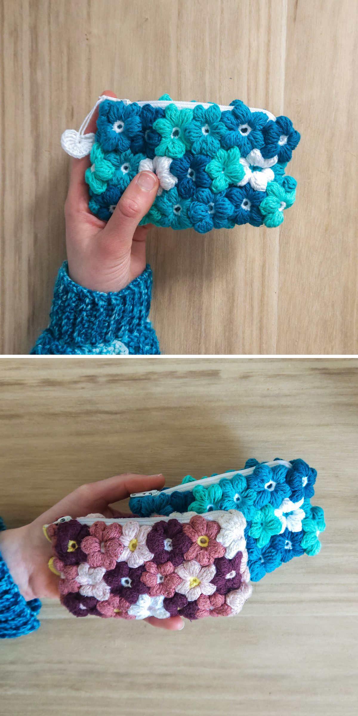 a crochet purse made of puff flowers