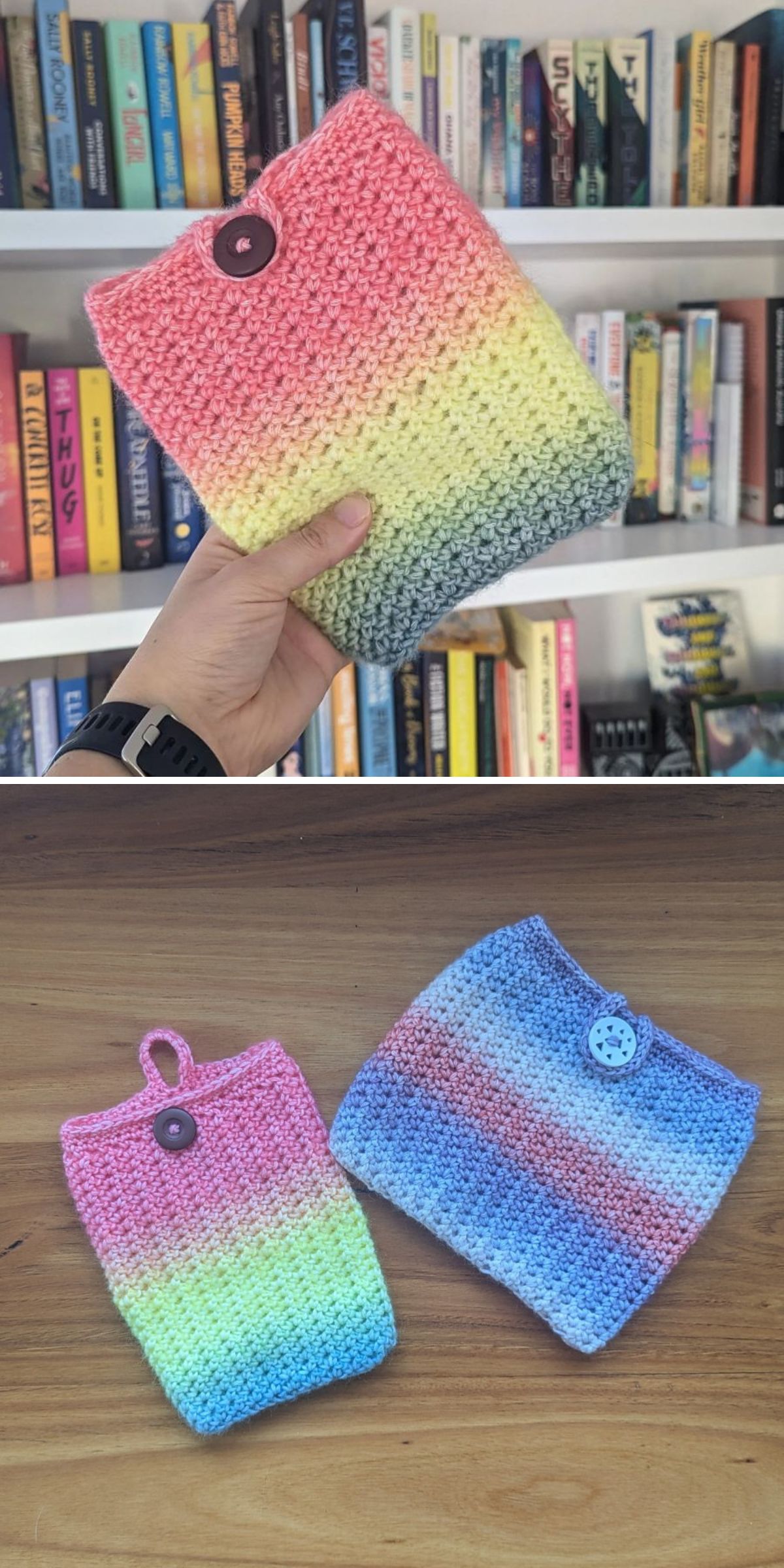 a crochet e-reader and book sleeve featuring a rainbow ombre colorway