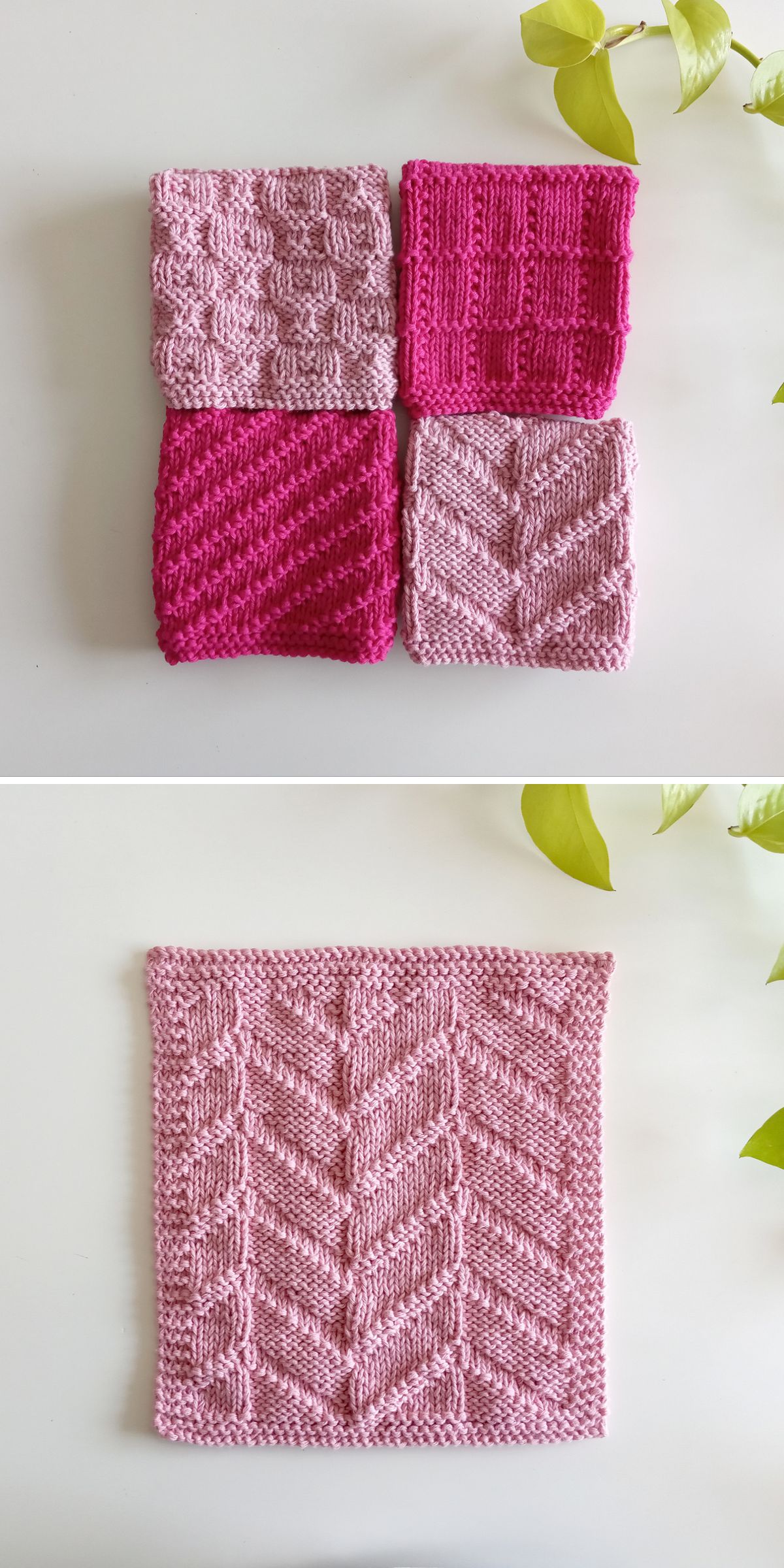 a set of knitted dishcloths featuring two different shades of pink and various stitch textures