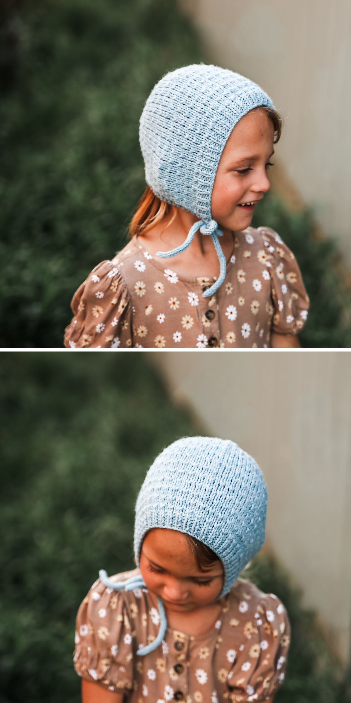 A young girl in a light blue knitted baby bonnet and a brown dress with white flowers, shown in two poses outdoors.