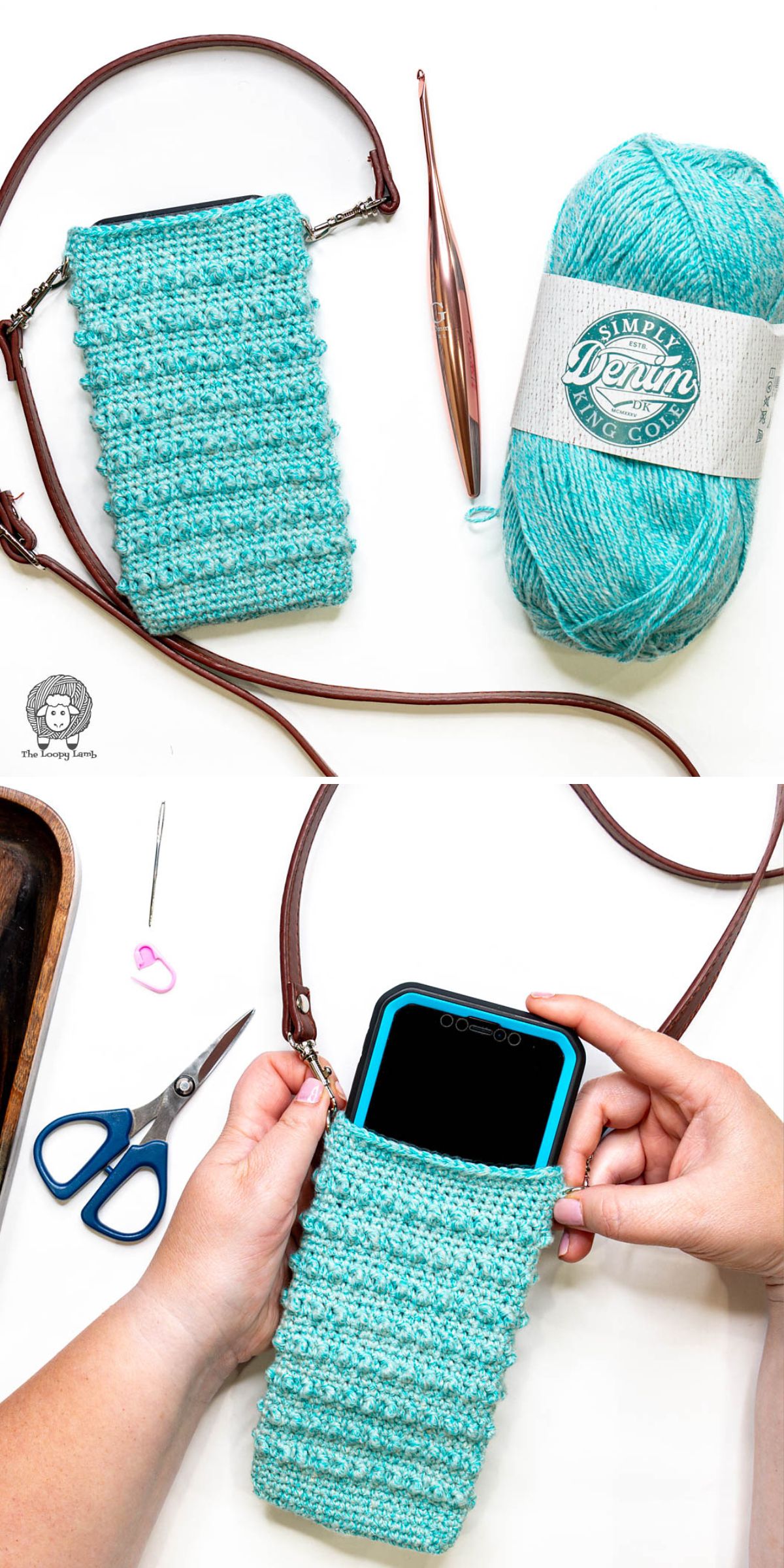 a crochet phone bag with a bold textural design in a light blue color