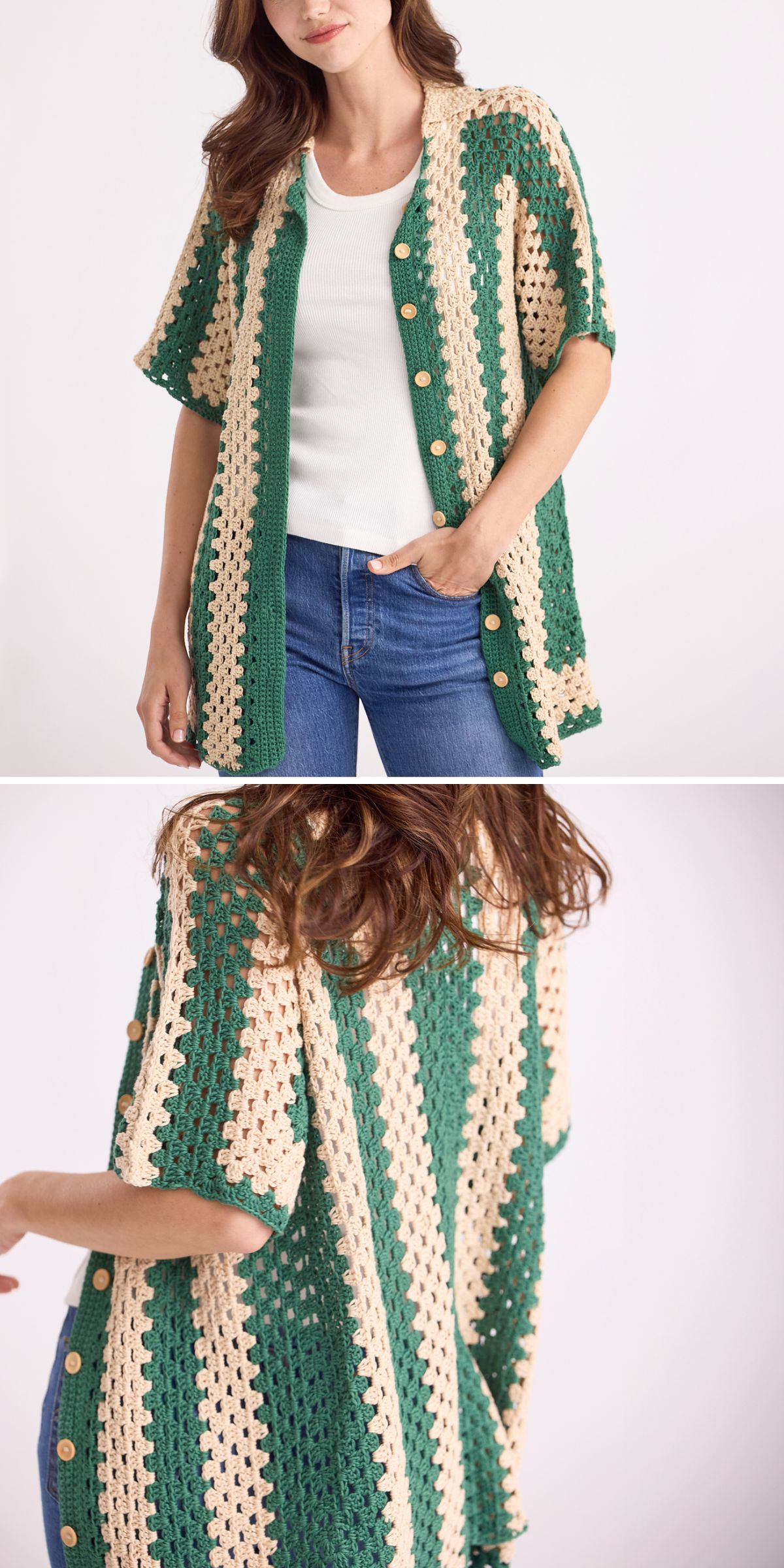 a crochet summer cardigan with buttons and short sleeves