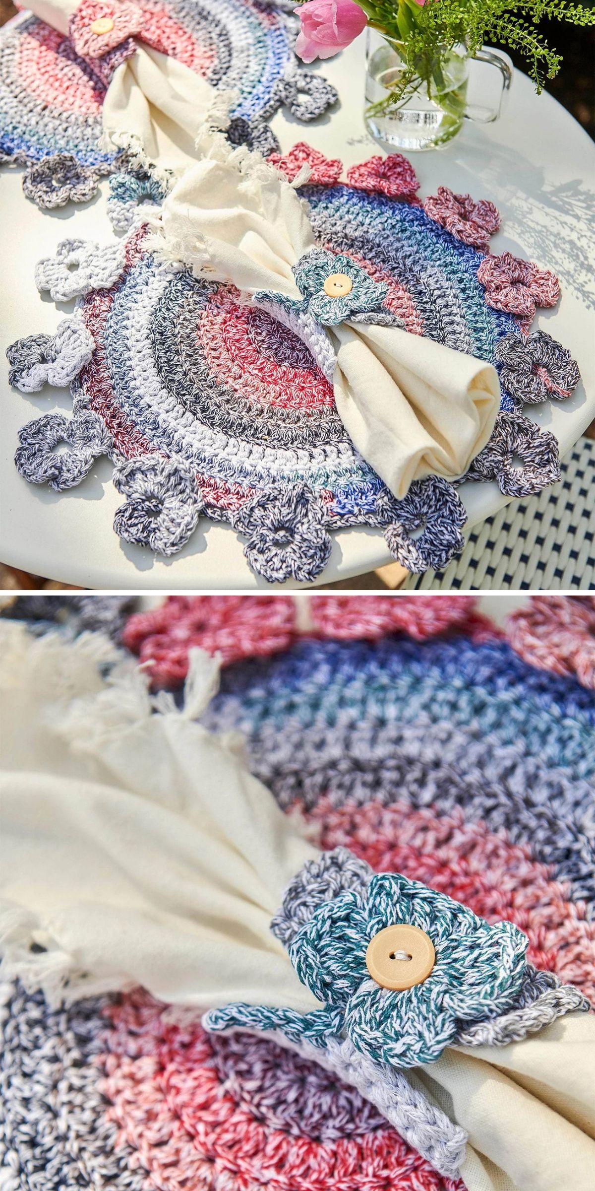 colorful crochet placemats with a flower edge