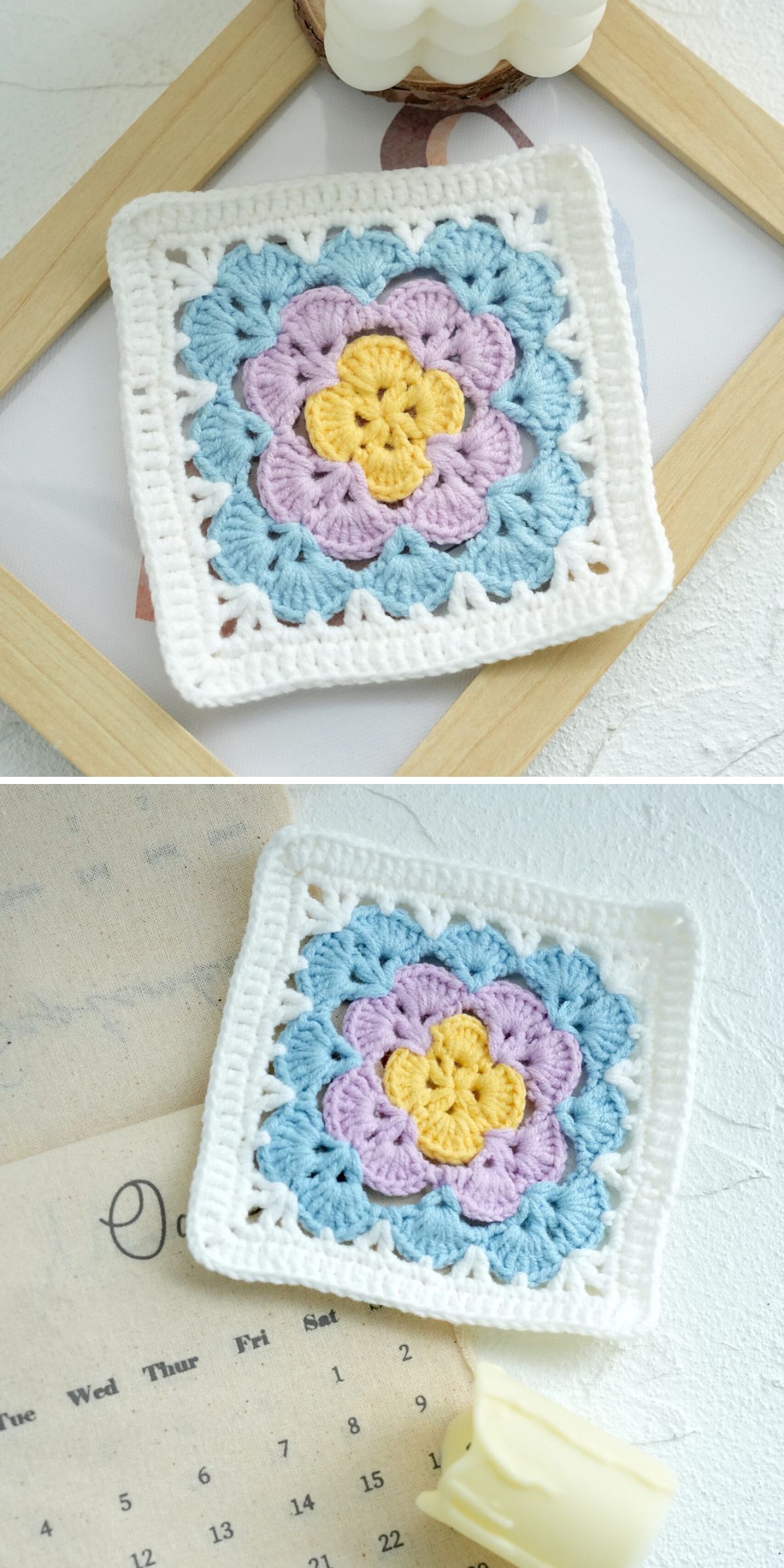 a simple crochet square with pastel colored floral center and a white frame border