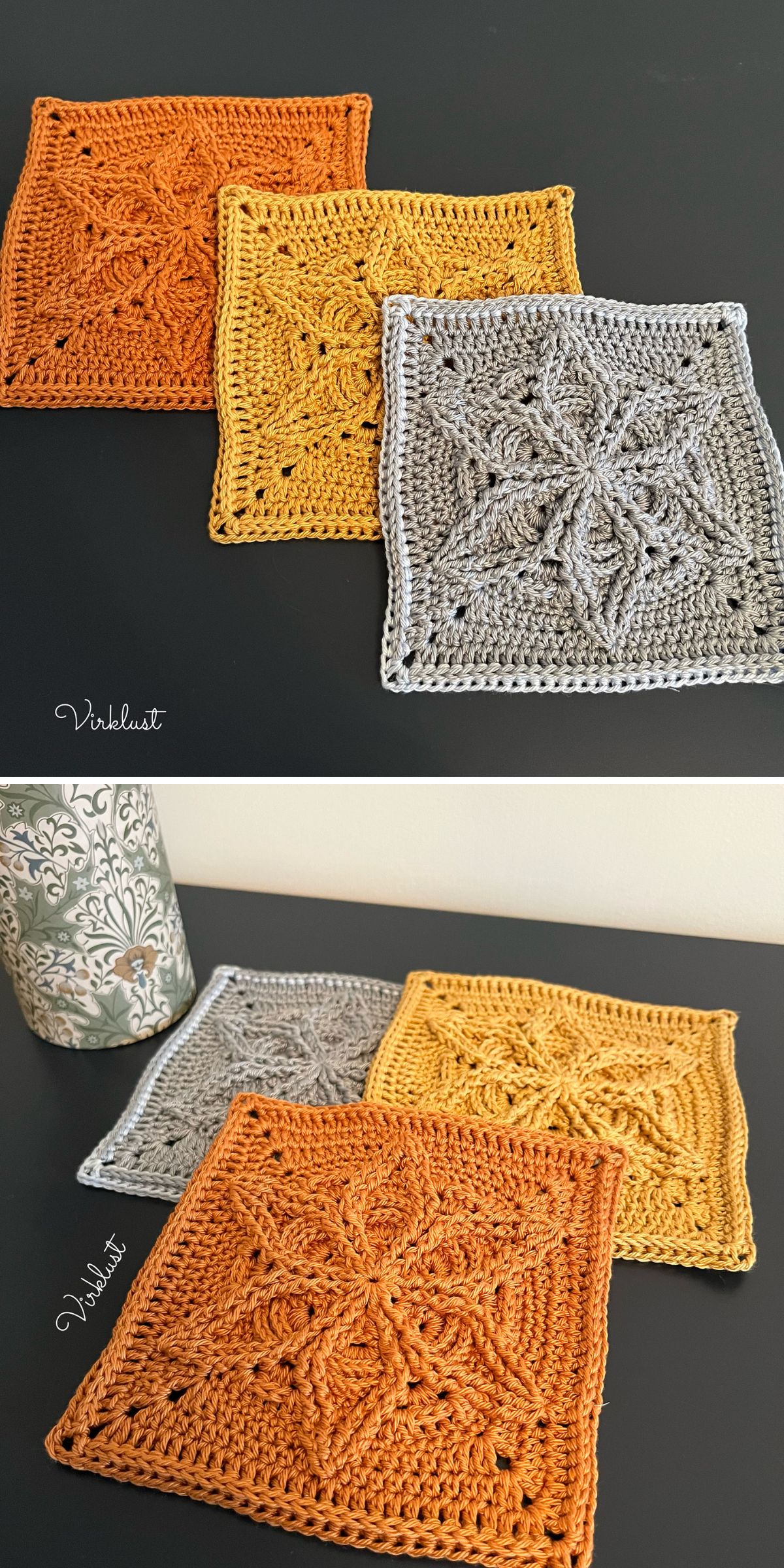 a set of crochet square blocks with a textured northern star center motif