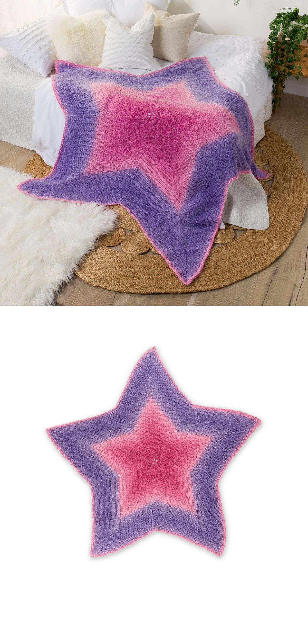 a star-shaped crochet baby blanket with a ombre colorway in pink and purple