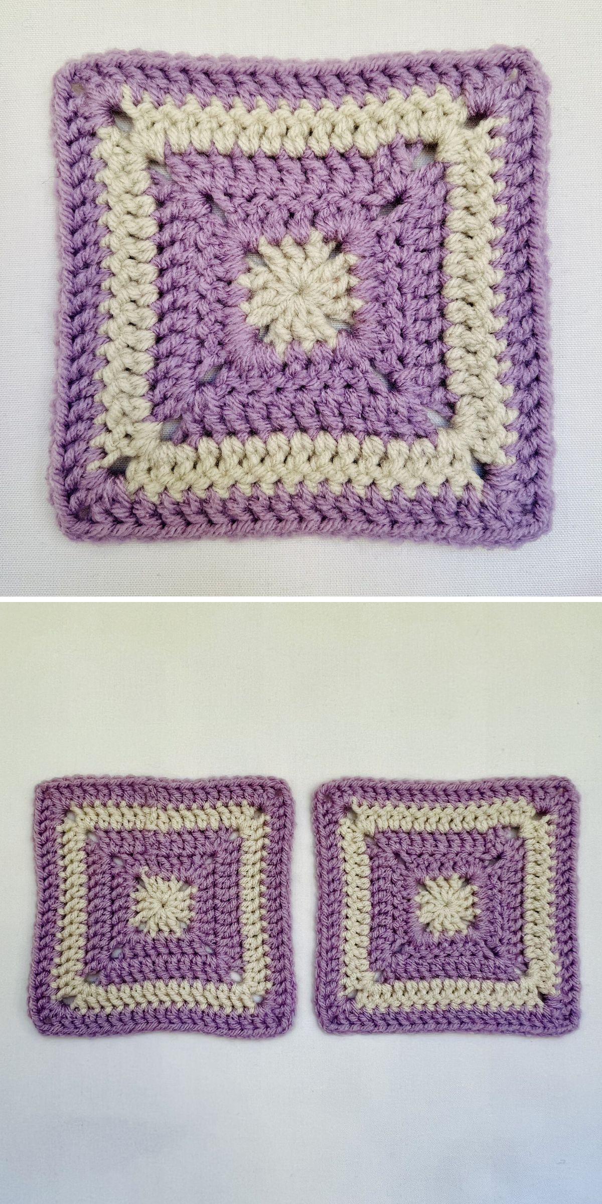 a solid granny square in white and light purple