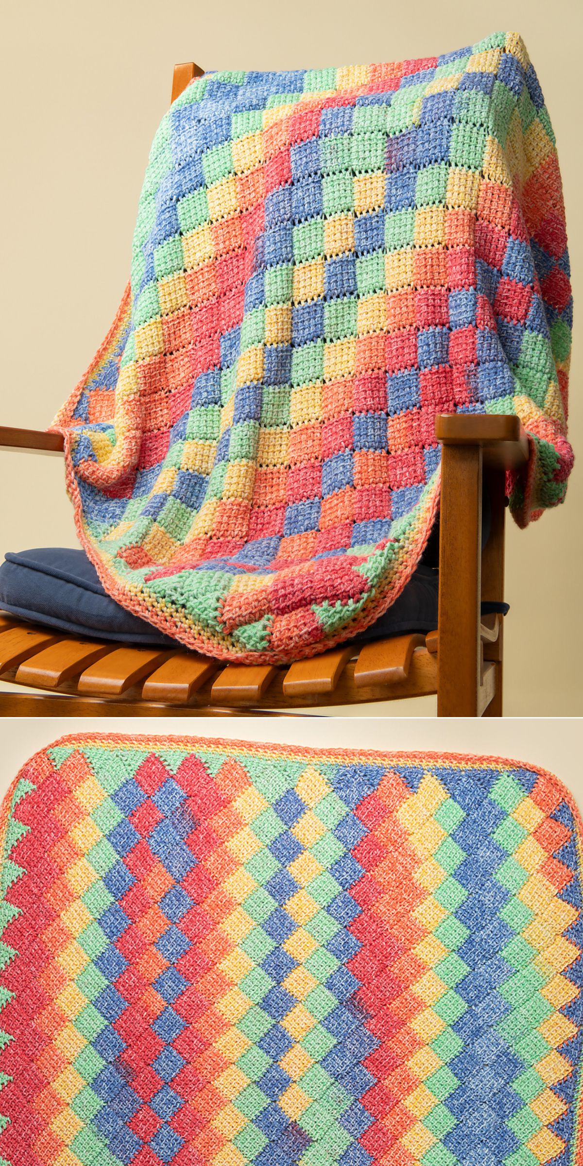 A multicolored crochet blanket with a diagonal checkerboard pattern draped over a wooden chair, shown in close-up and full view — a beautiful example of the artistry found in handmade Tunisian crochet blankets.