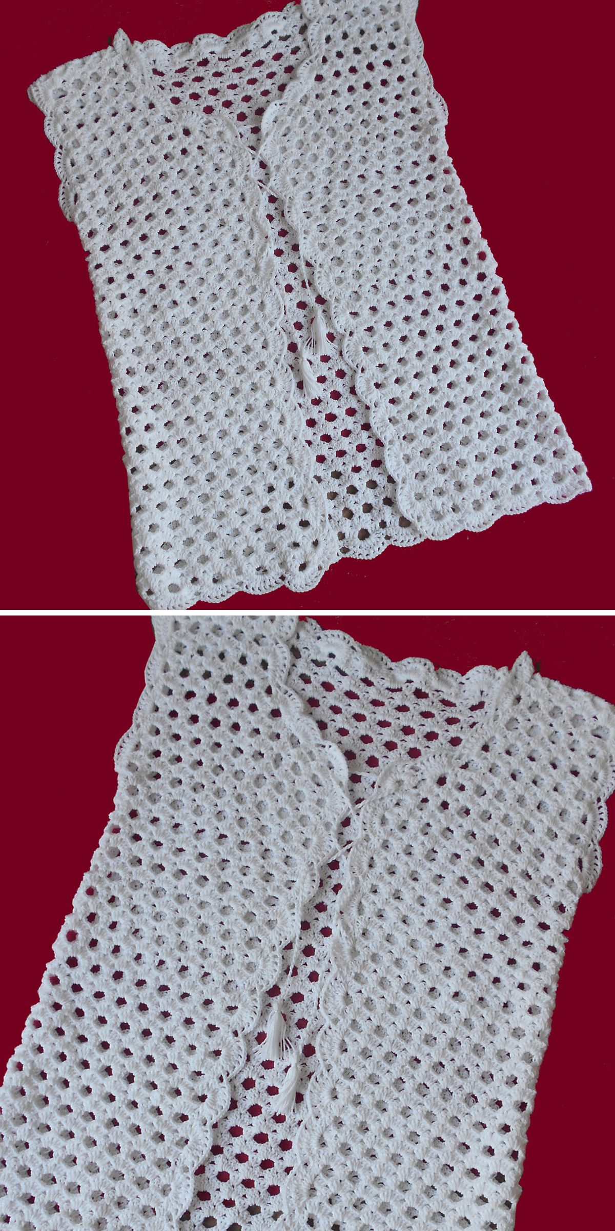 a white sleeveless crochet cardigan with a lovely openstitch pattern