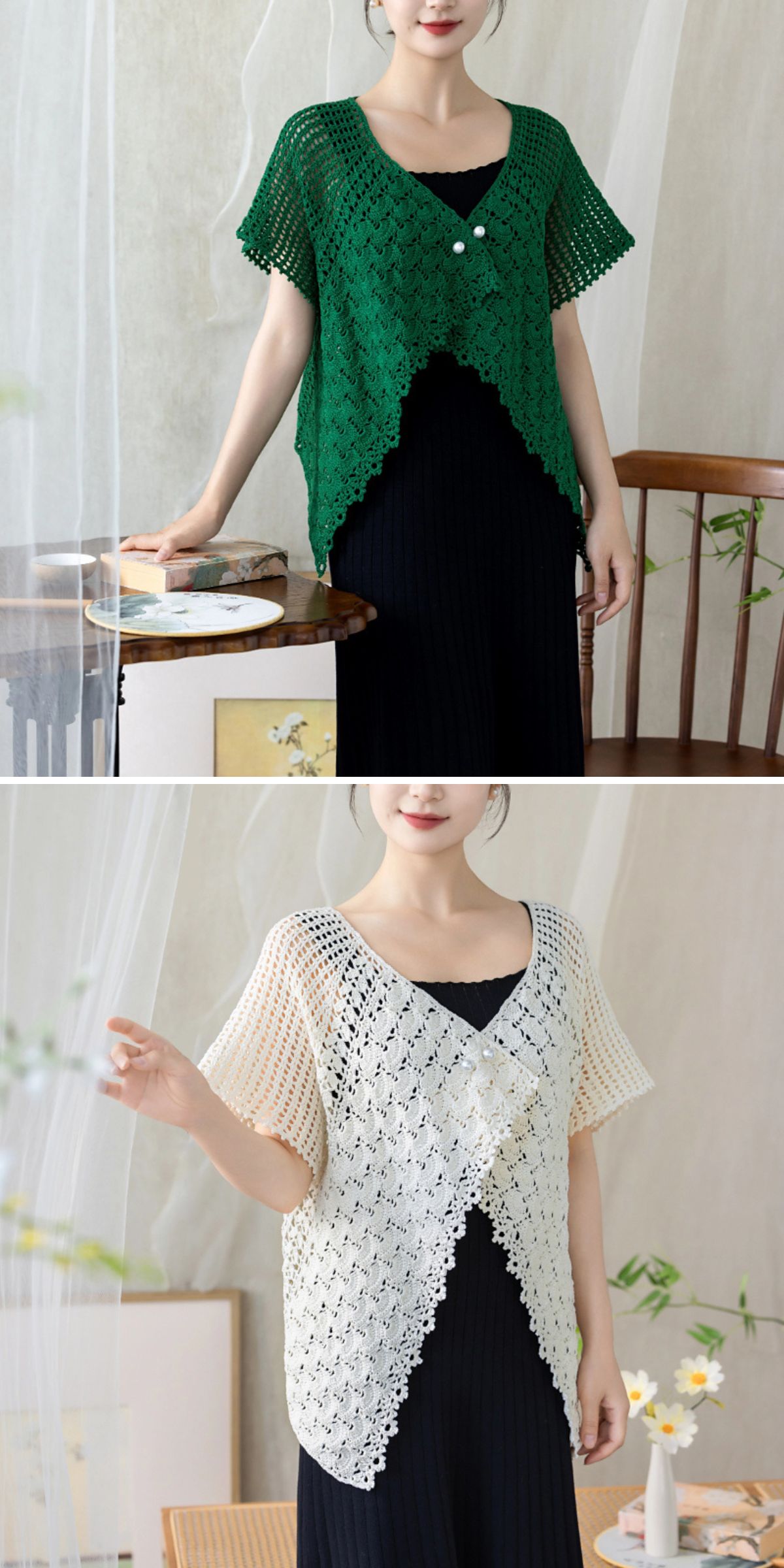 a crochet cardigan with  stunning geometric shapes and elegant stitches