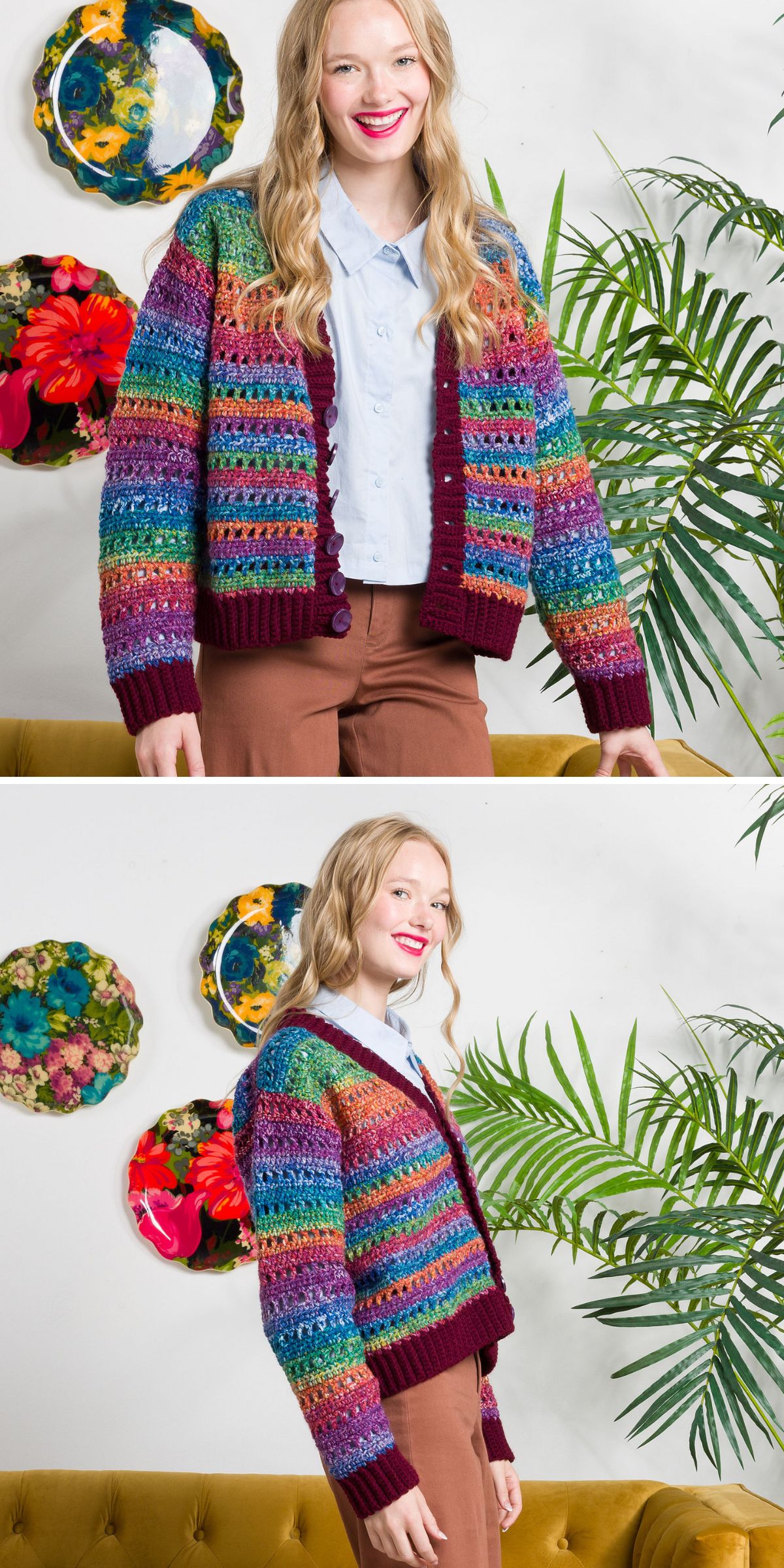 a rainbow-colored crochet cardigan features stripes with mesh details