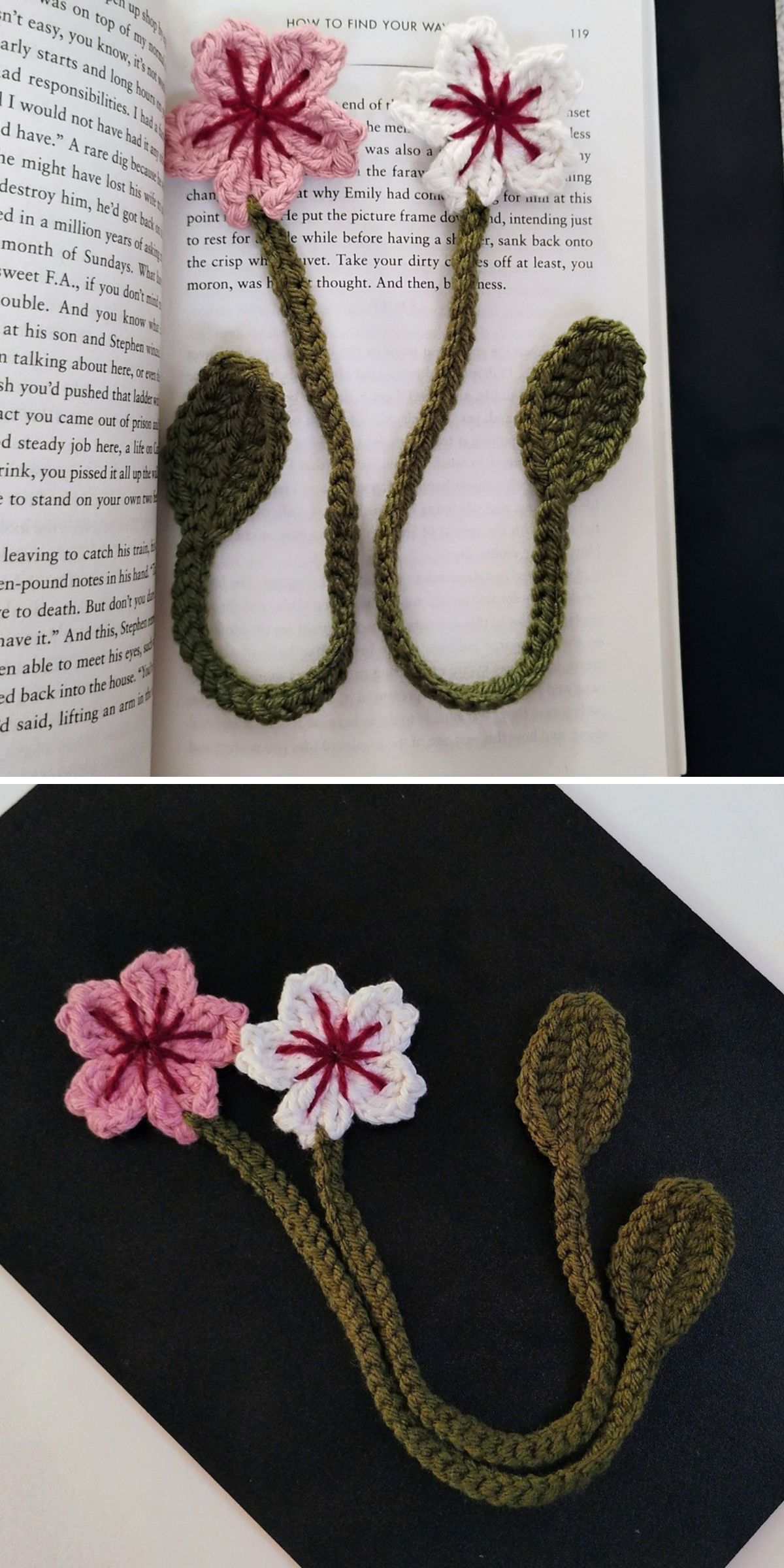 a crocheted bookmark with a sakura flower on one side and a leaf on the other