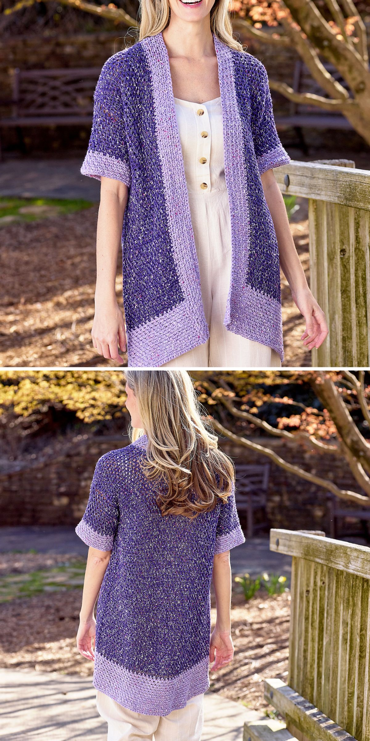 a long short-sleeved crochet cardigan in purple