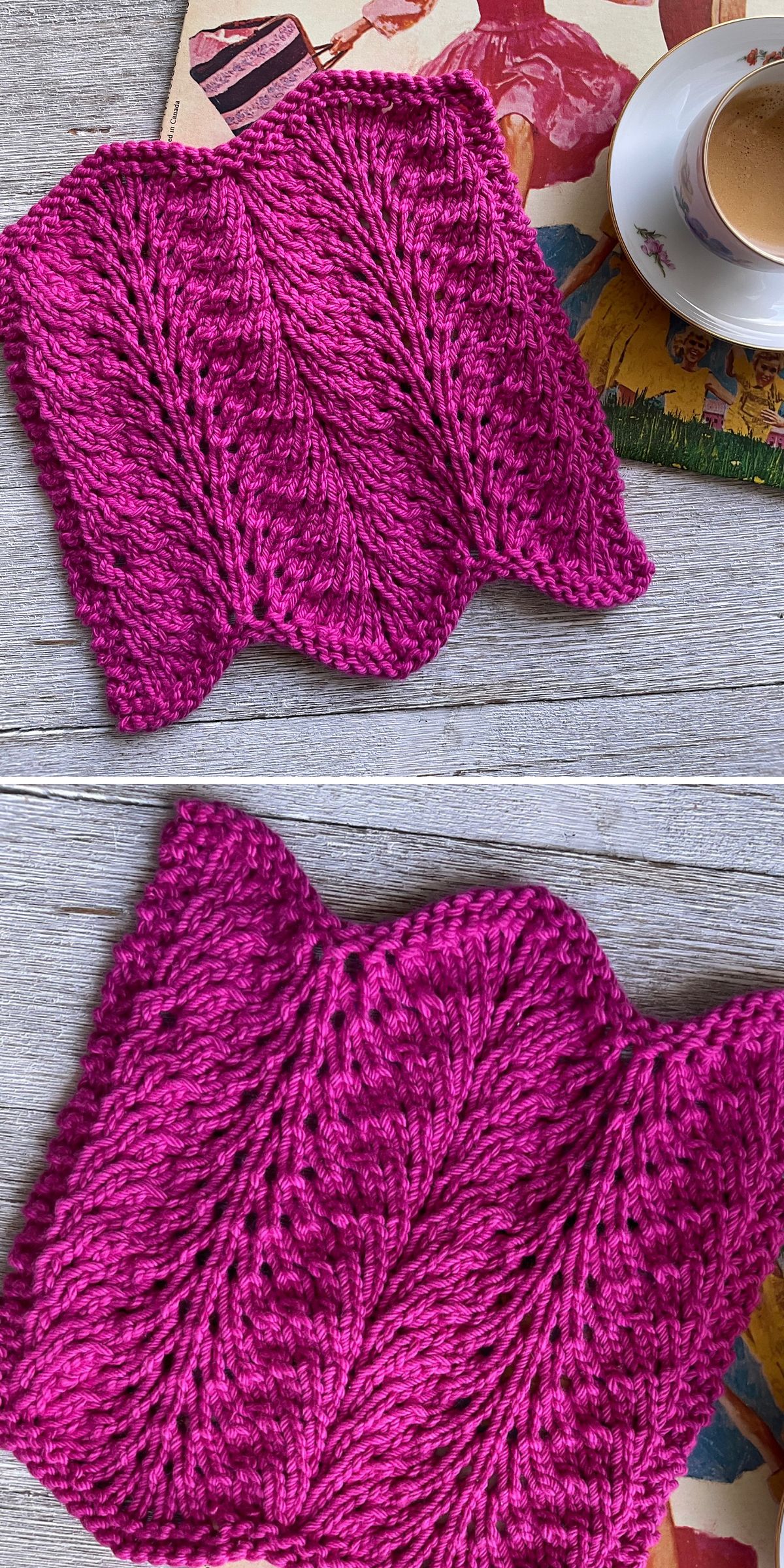 a beautiful knitted dishcloth with wavy chevron like design in purple