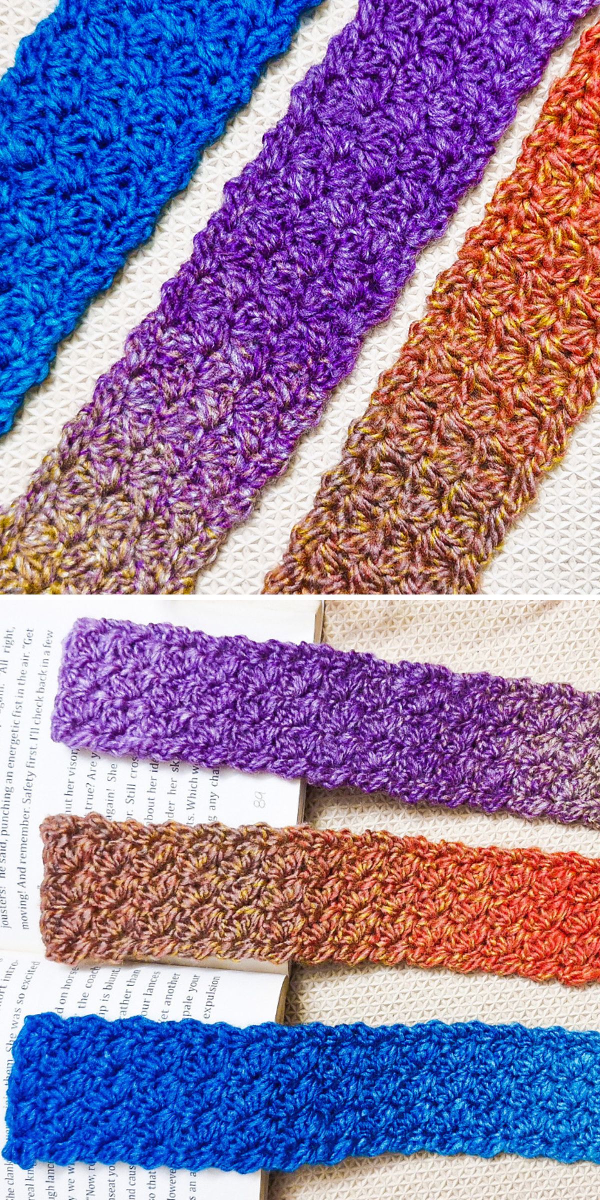 three vibrant crocheted bookmarks featuring ombre colorways