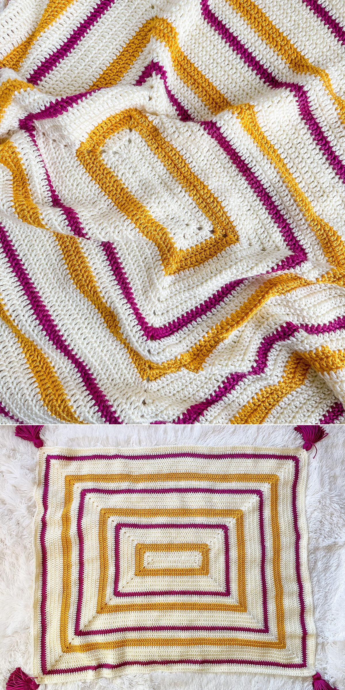 a rectangular crochet blanket with think colorful striped running around