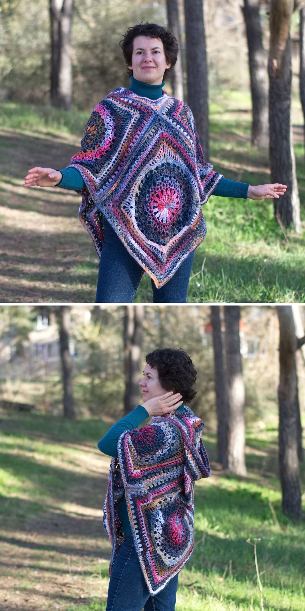 a crochet poncho made from large granny squares in gradient colors