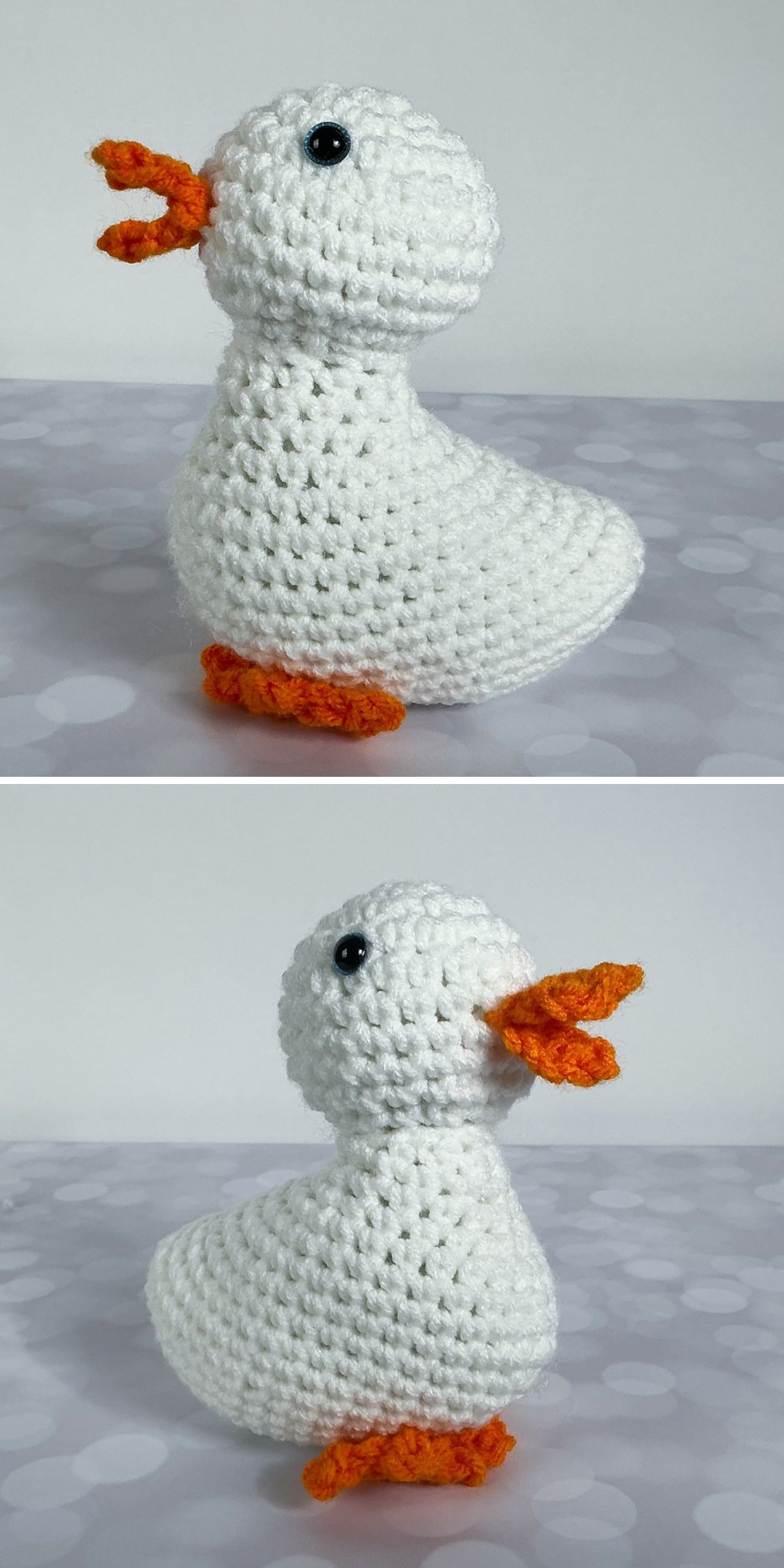 a crochet white duck with bright orange legs