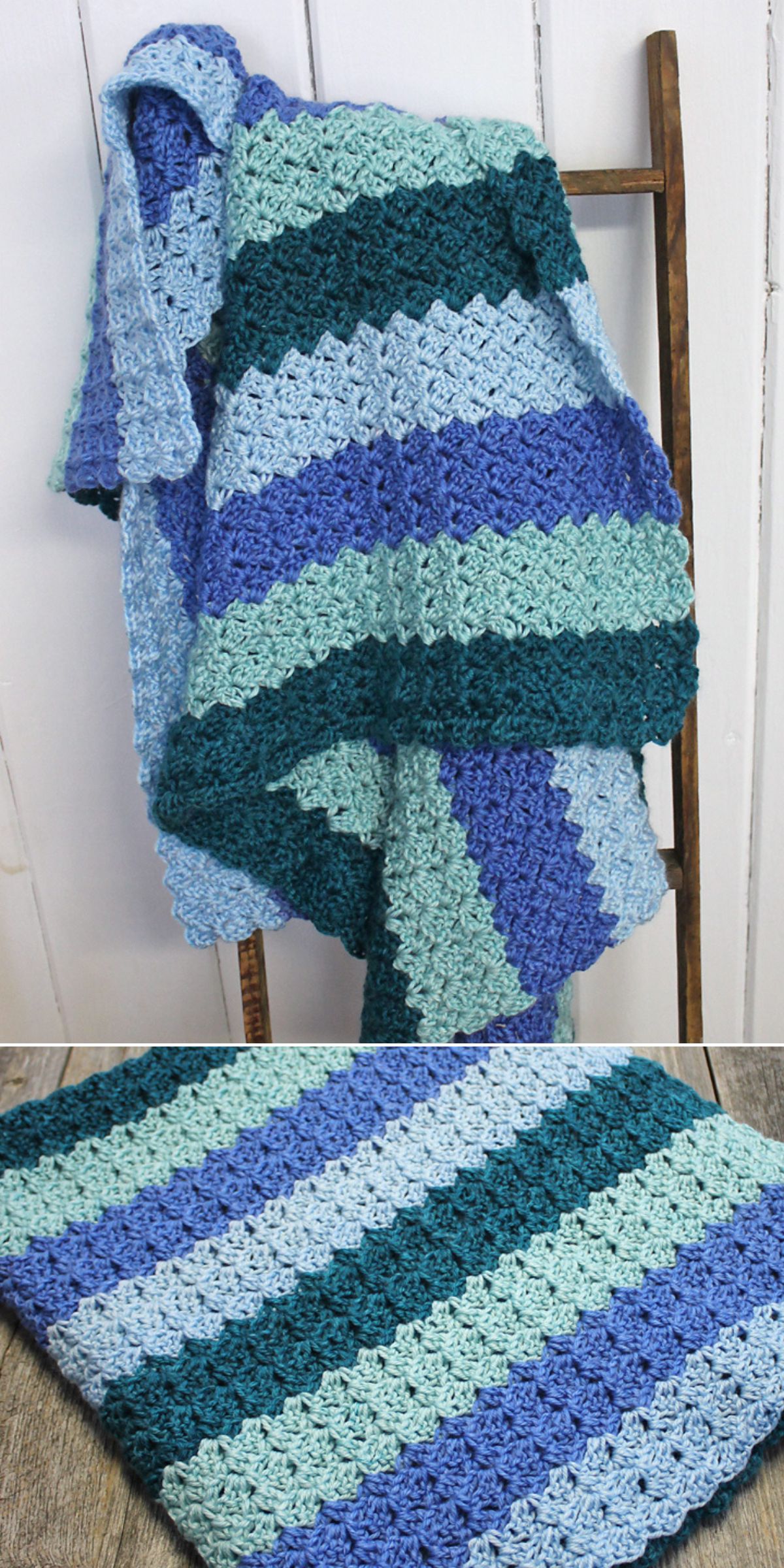 a crochet blanket that alternates evenly-sized stripes in different shades of blue