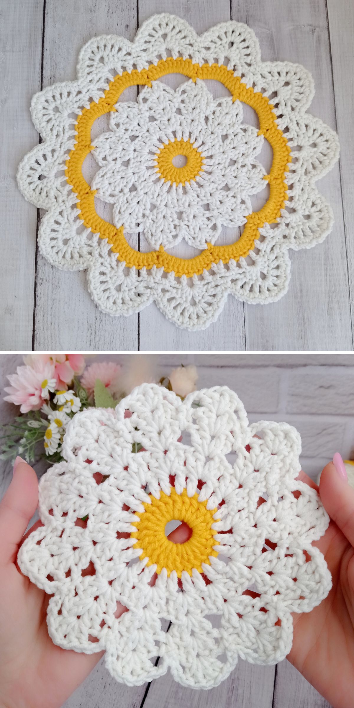 Two crochet flower placemats with a daisy-like design, featuring white petals and a yellow center, shown on a light wooden surface and being held in hands — perfect inspiration for Crochet Placemat Ideas.