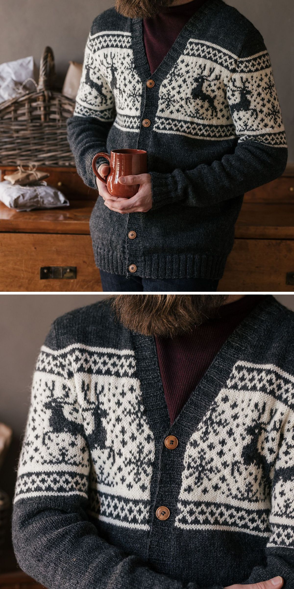 a dark grey knit cardigan for men with white reindeer and snowflake motifs