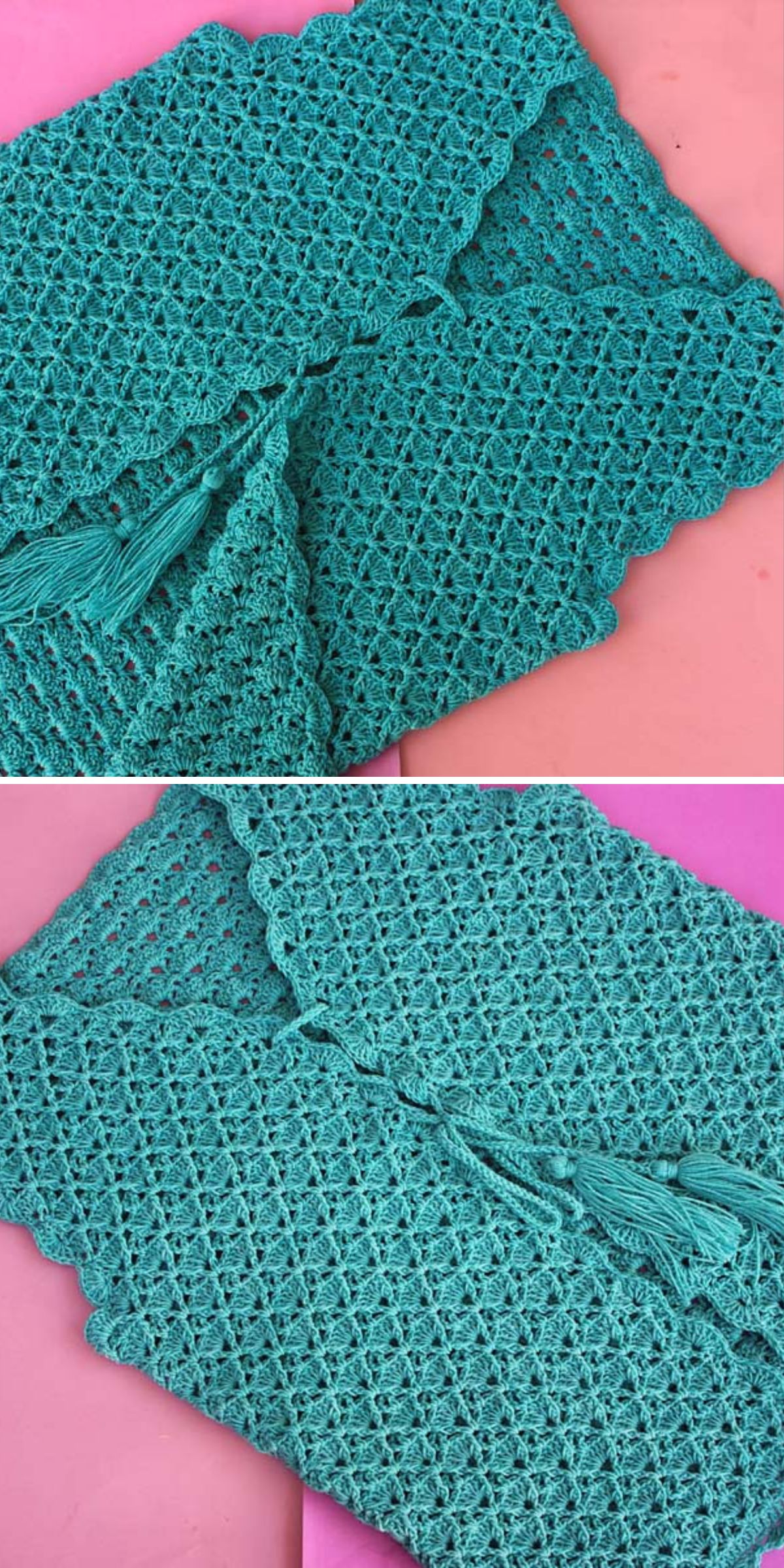 a light sleeveless crochet cardigan with front tassel ties in turquoise color