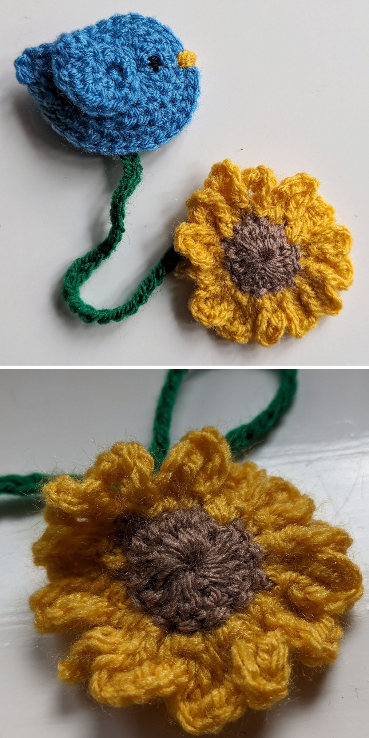 a crochet bookmark with a sunflower motif on one end and a tiny blue bird on the other side
