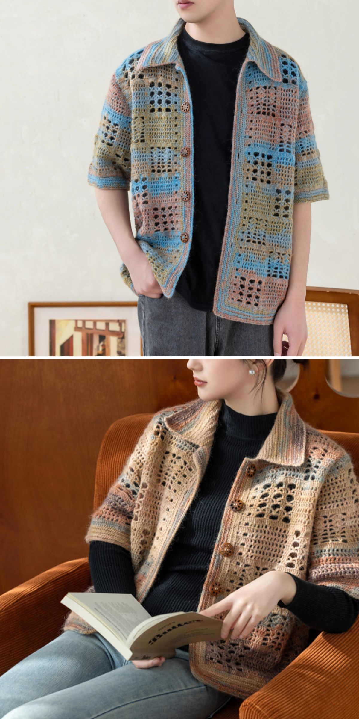 a short-sleeved crochet cardigan with mesh accents
