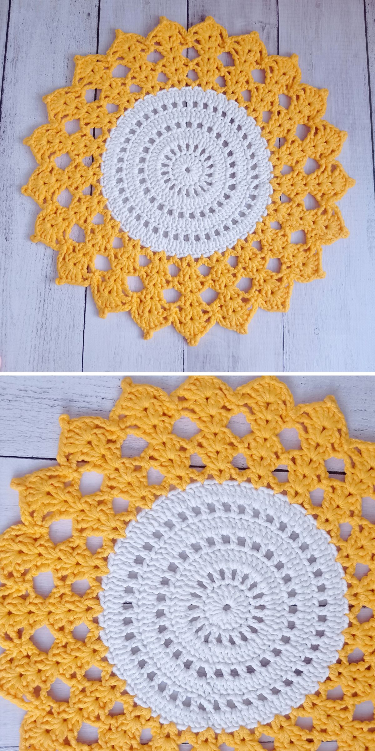 Two photos show a round crochet placemat with a white center and yellow scalloped edge, placed on a light wooden surface — perfect inspiration for your next Crochet Placemat Ideas.