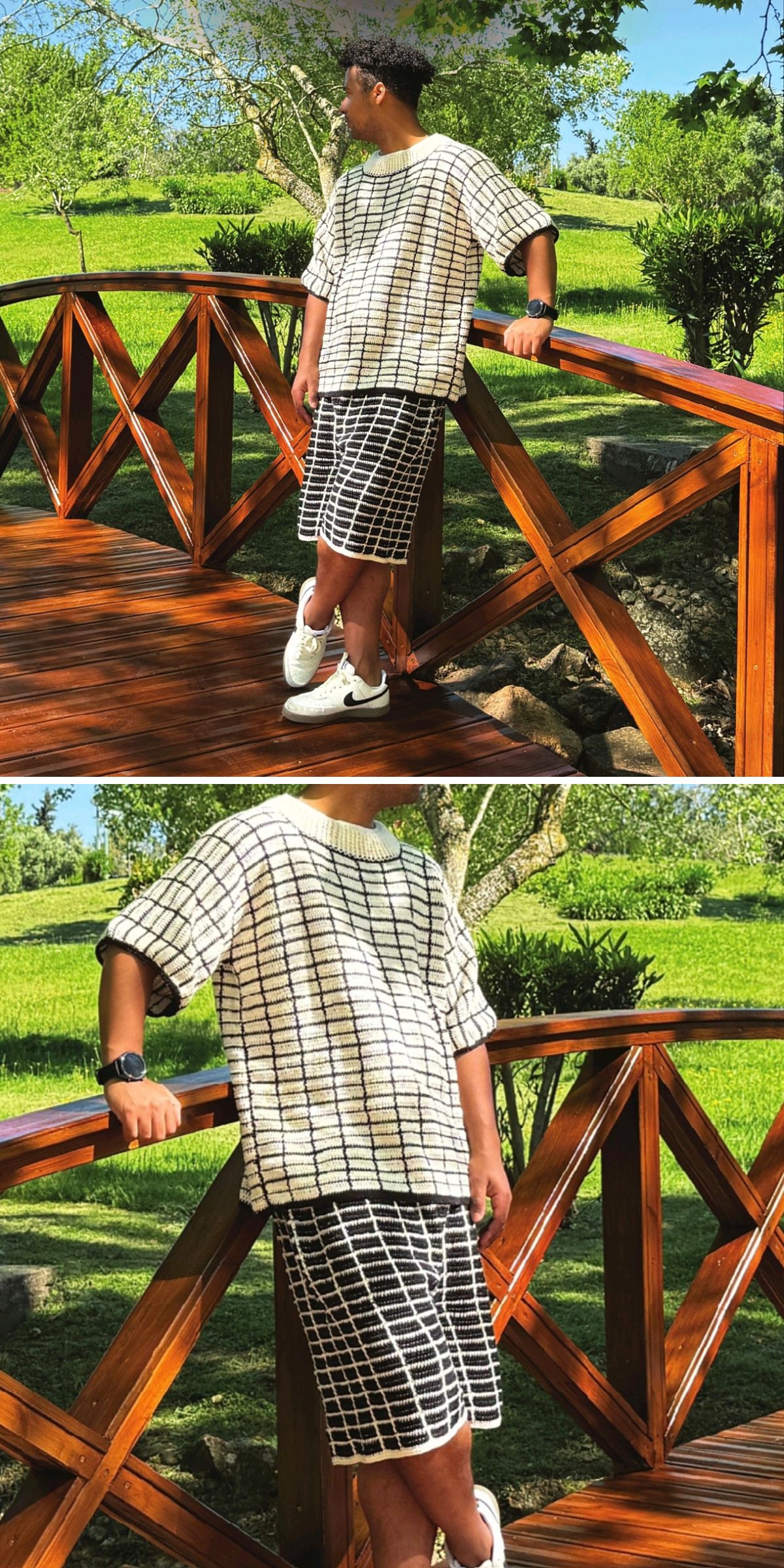 a stylish crochet set for men featuring a short-sleeved top and shorts