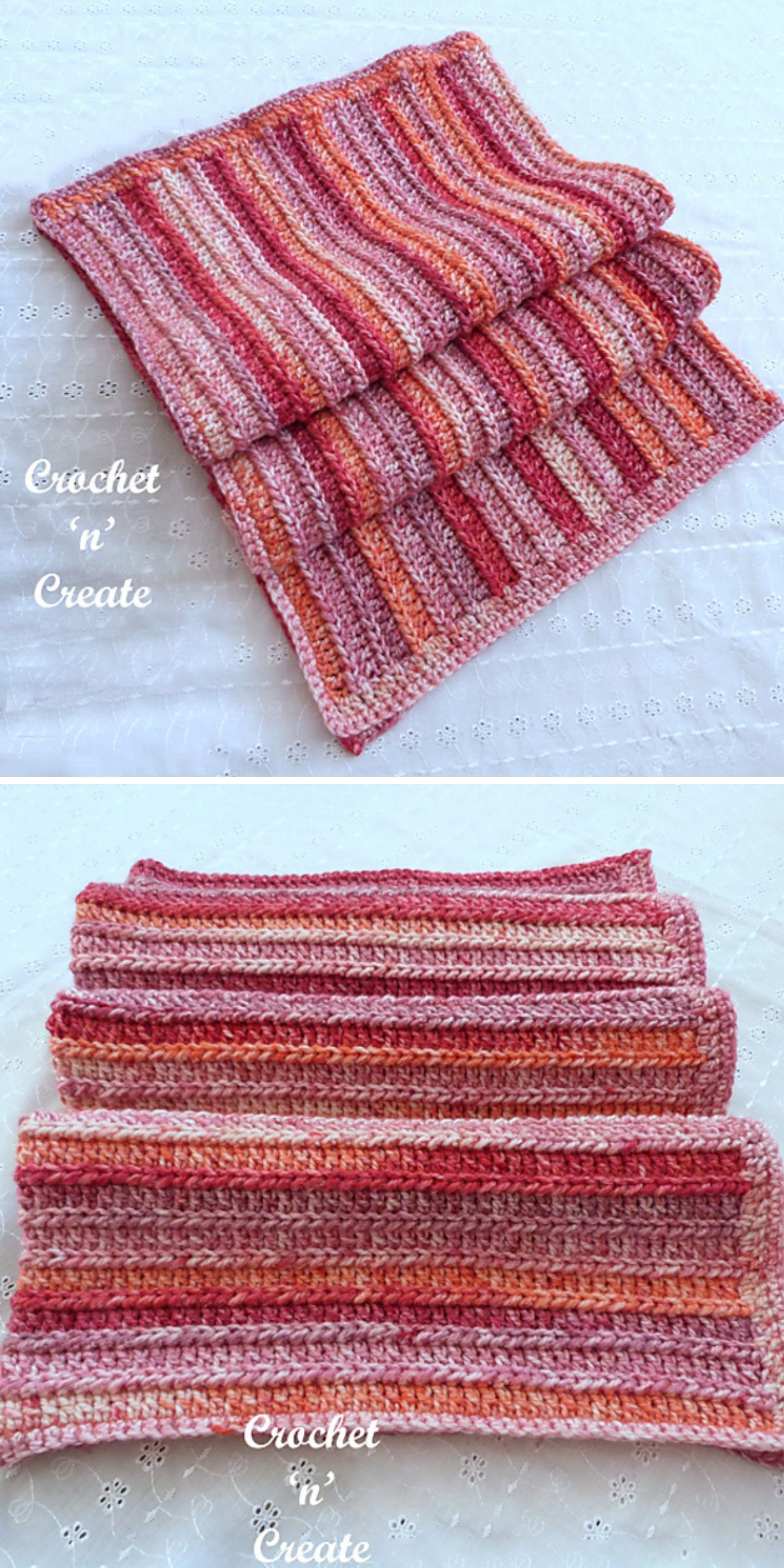 a crochet blanket featuring pink, red and orange stripes