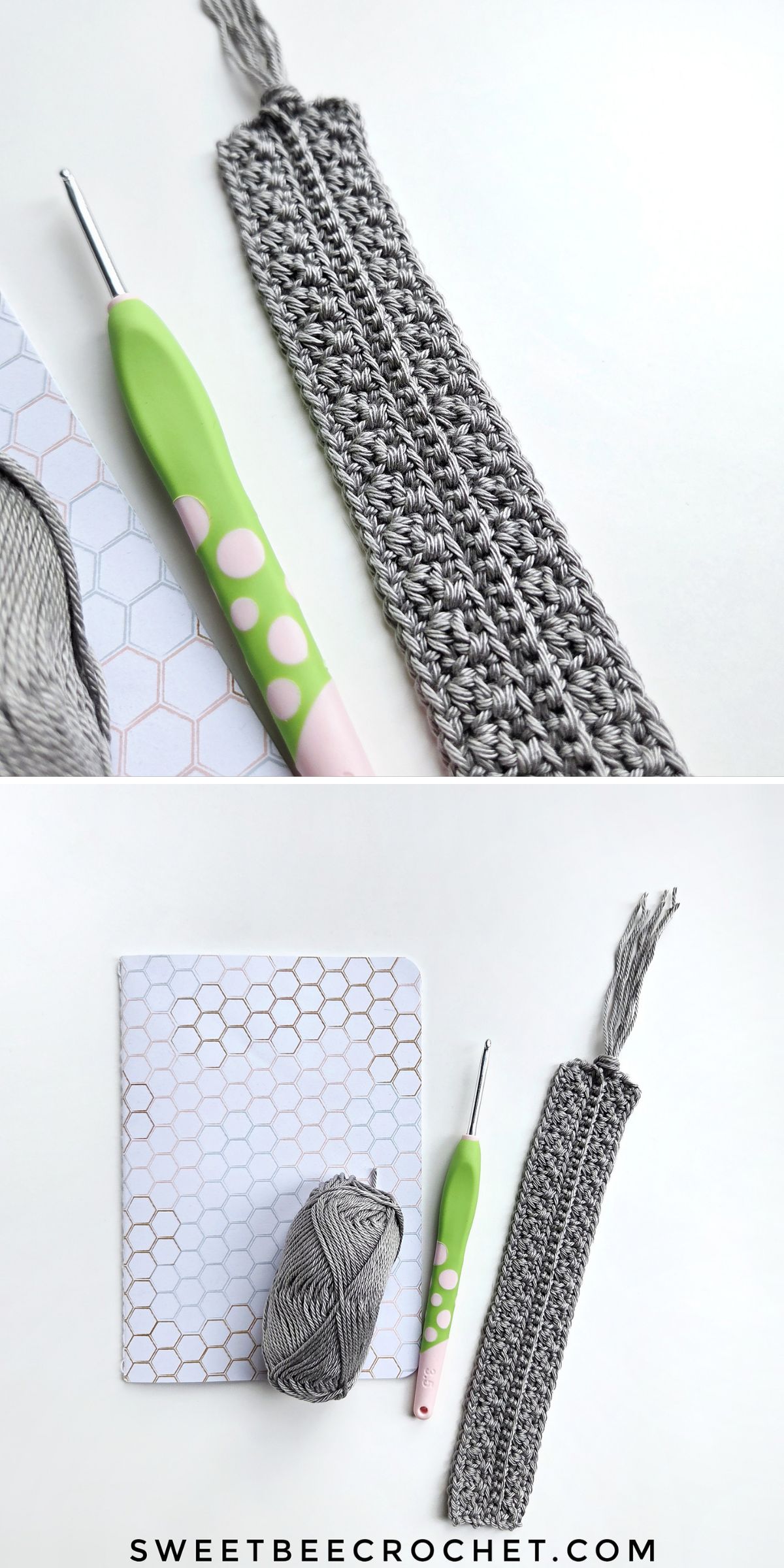 a grey elegant crocheted bookmark with a tassel on the top