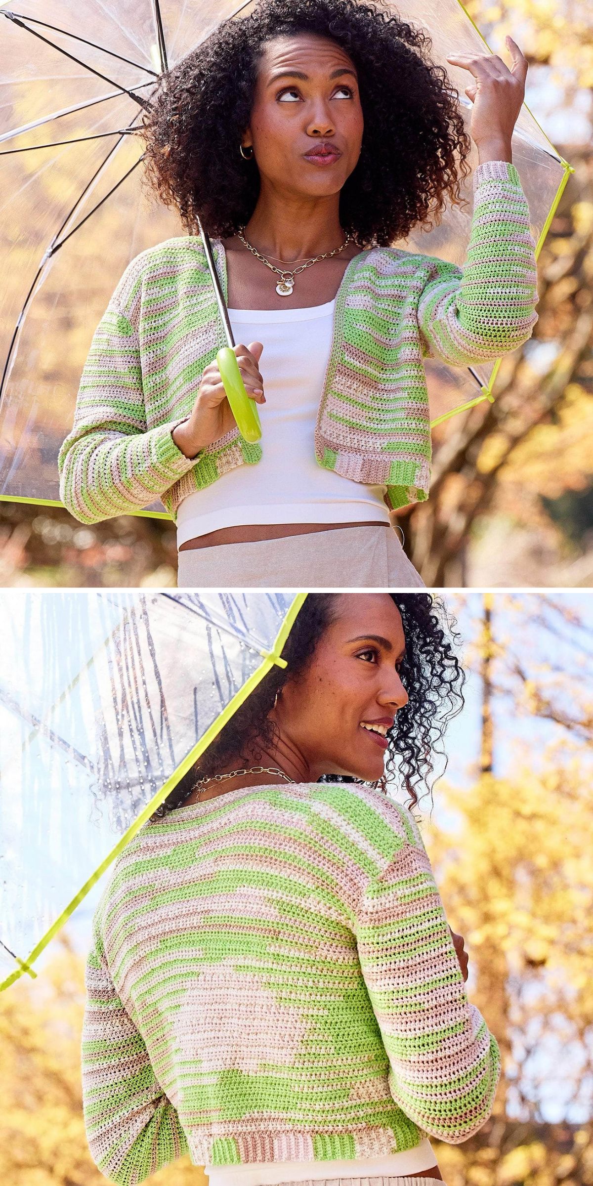 a simple crochet cardigan with a cropped cut in green and beige