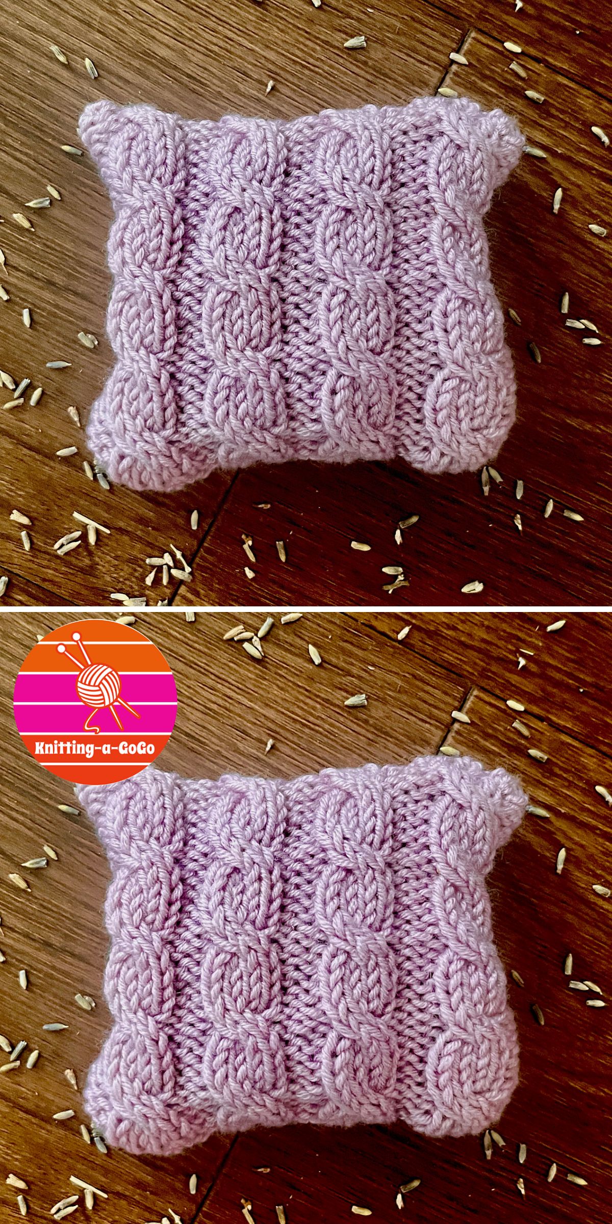 a small knitted pillow with a chunky cabled design in a lavender color