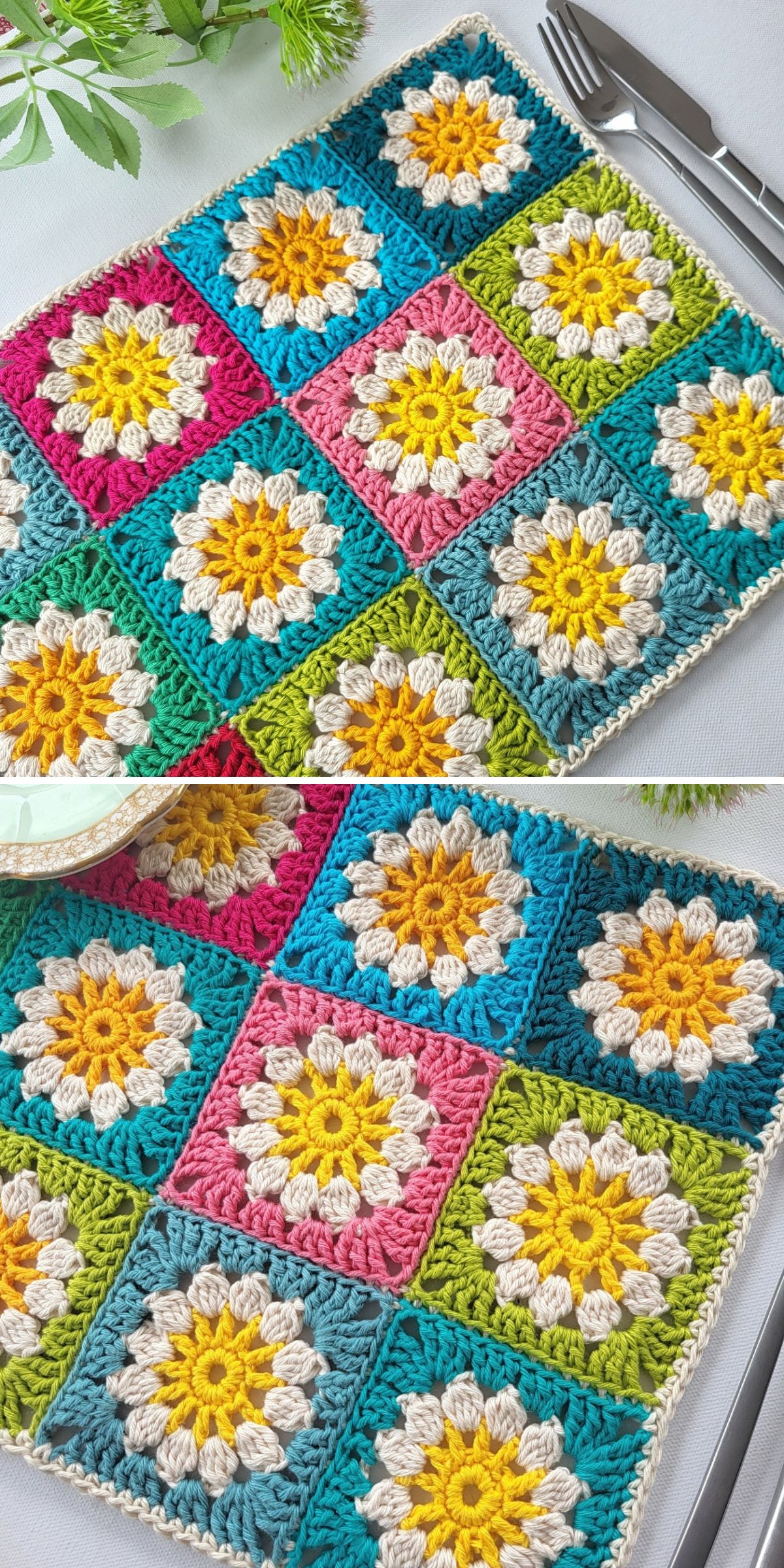 a crochet placemat made from vibrant flower granny squares