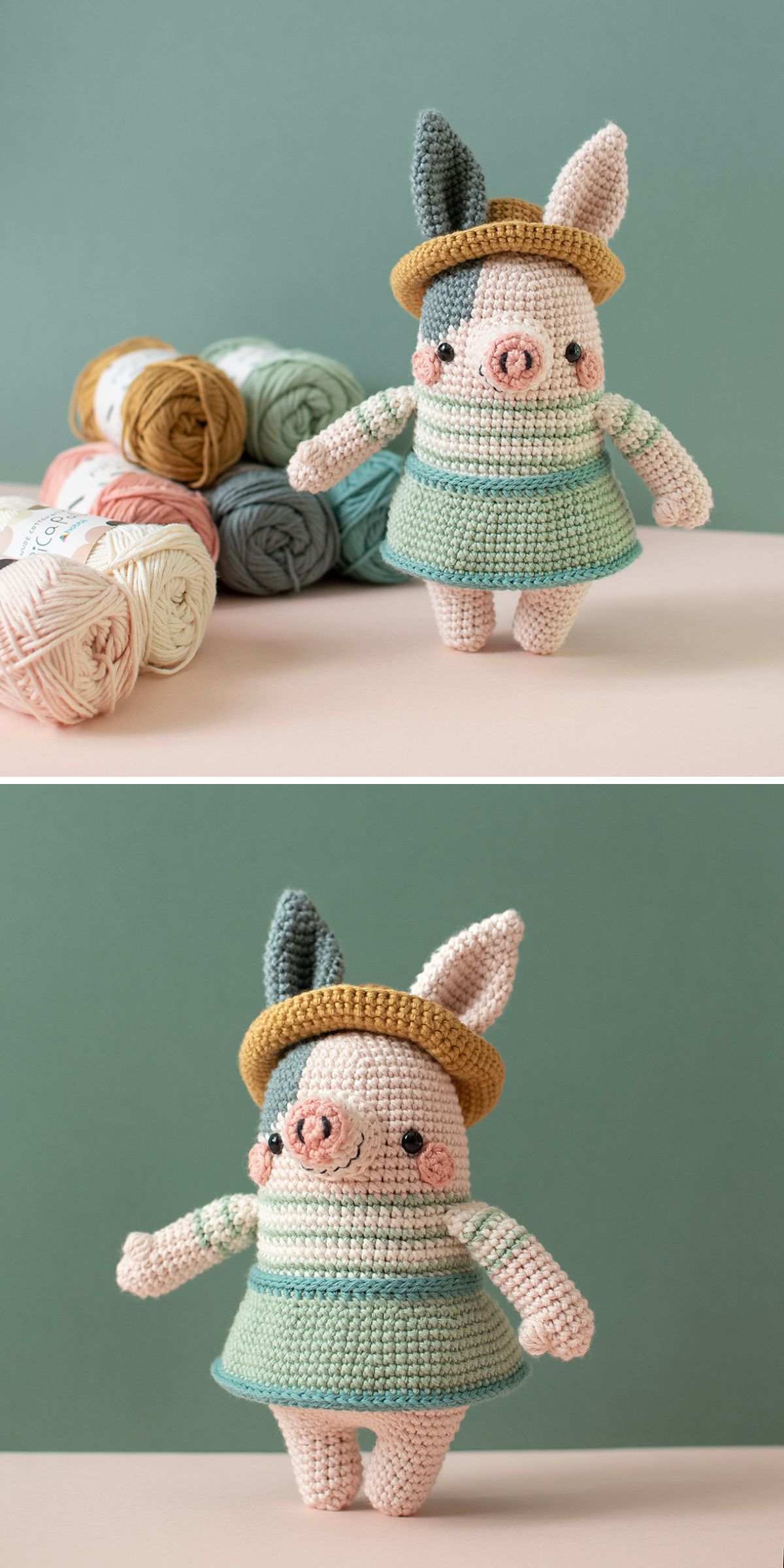 a crochet pig dressed in a skirt and a hat