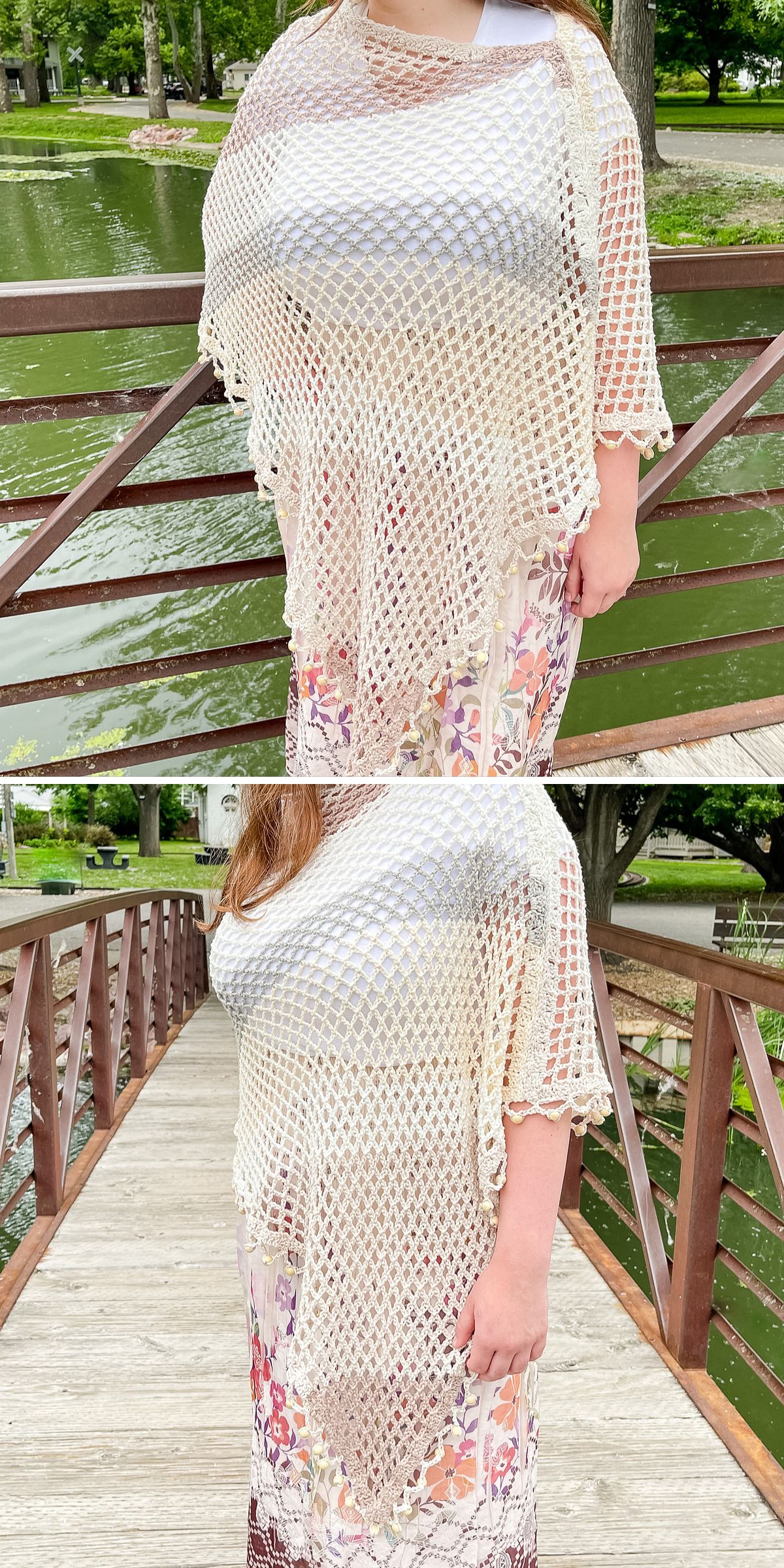 a woman wearing a crochet mesh poncho in a light color