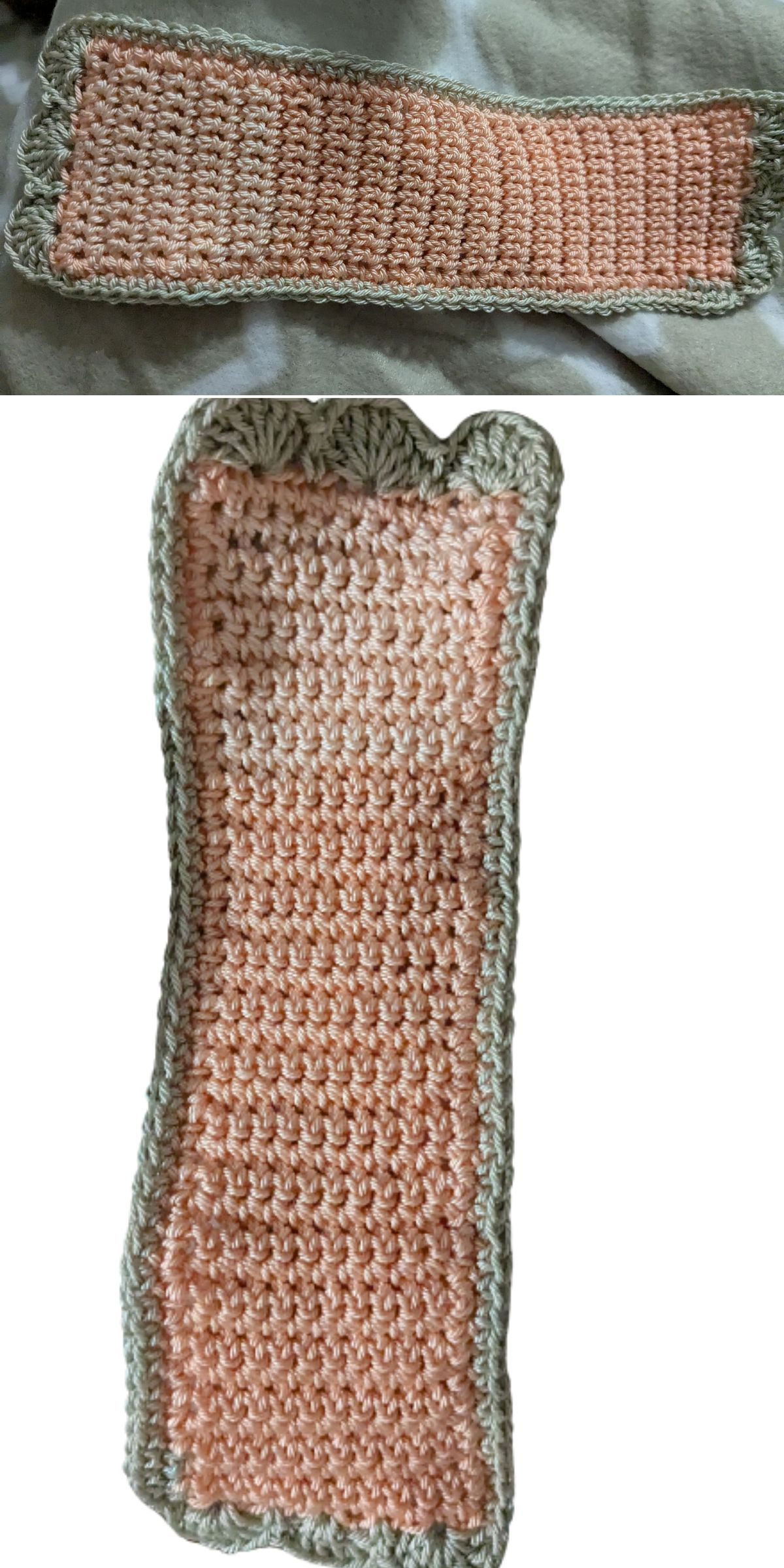 a simple crochet bookmark with a pink body and grey border